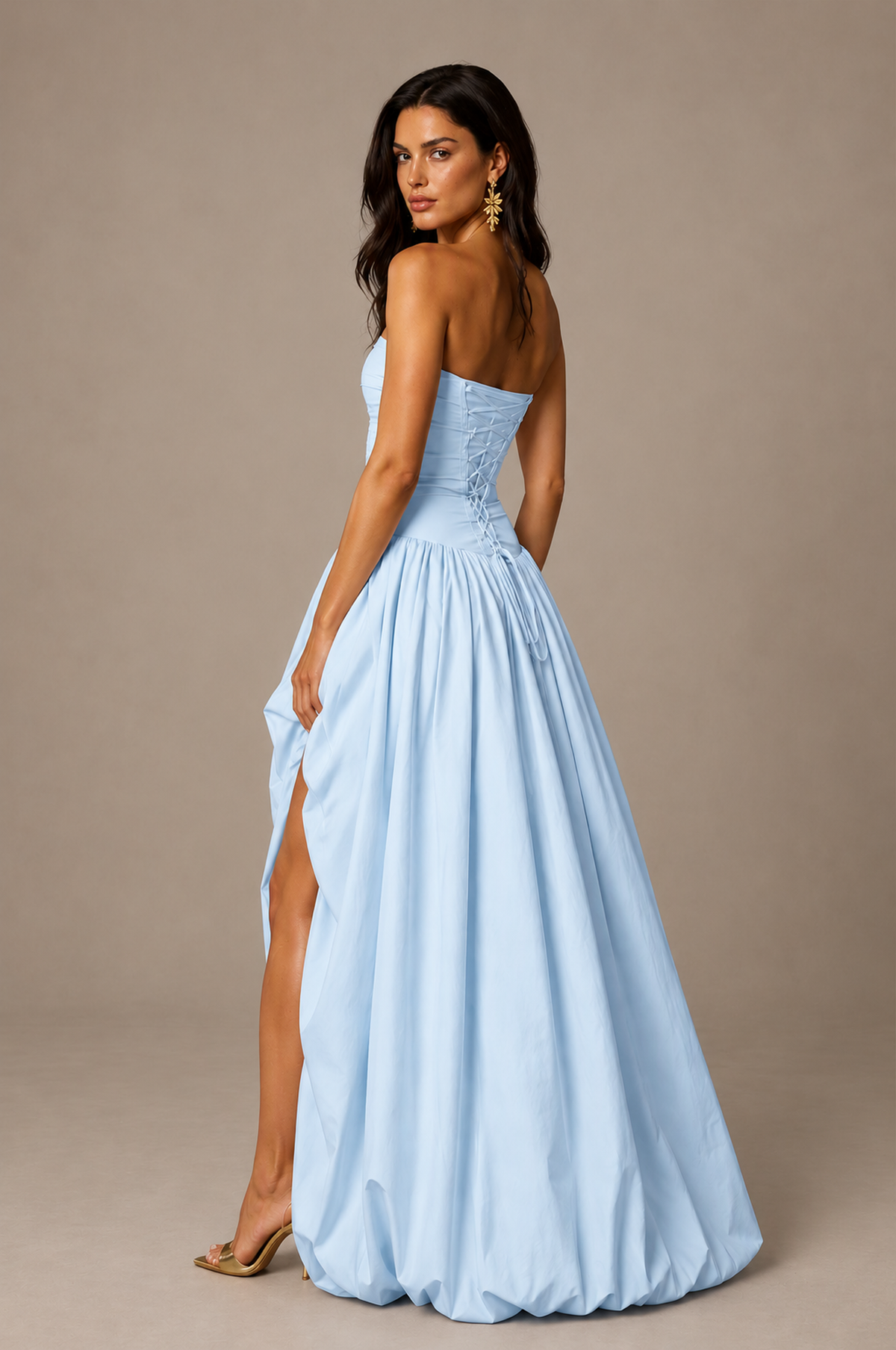 BOLODOO Light Blue Strapless Ruched Corset Lace-Up Back Bubble Skirt High Slit Taffeta Maxi Dress - Light Blue