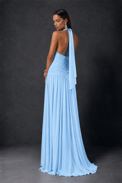 BOLODOO Light Blue Halter Deep V-Neck Ruched Chiffon Open Back Maxi Dress with Draped Neck Tie - Light Blue
