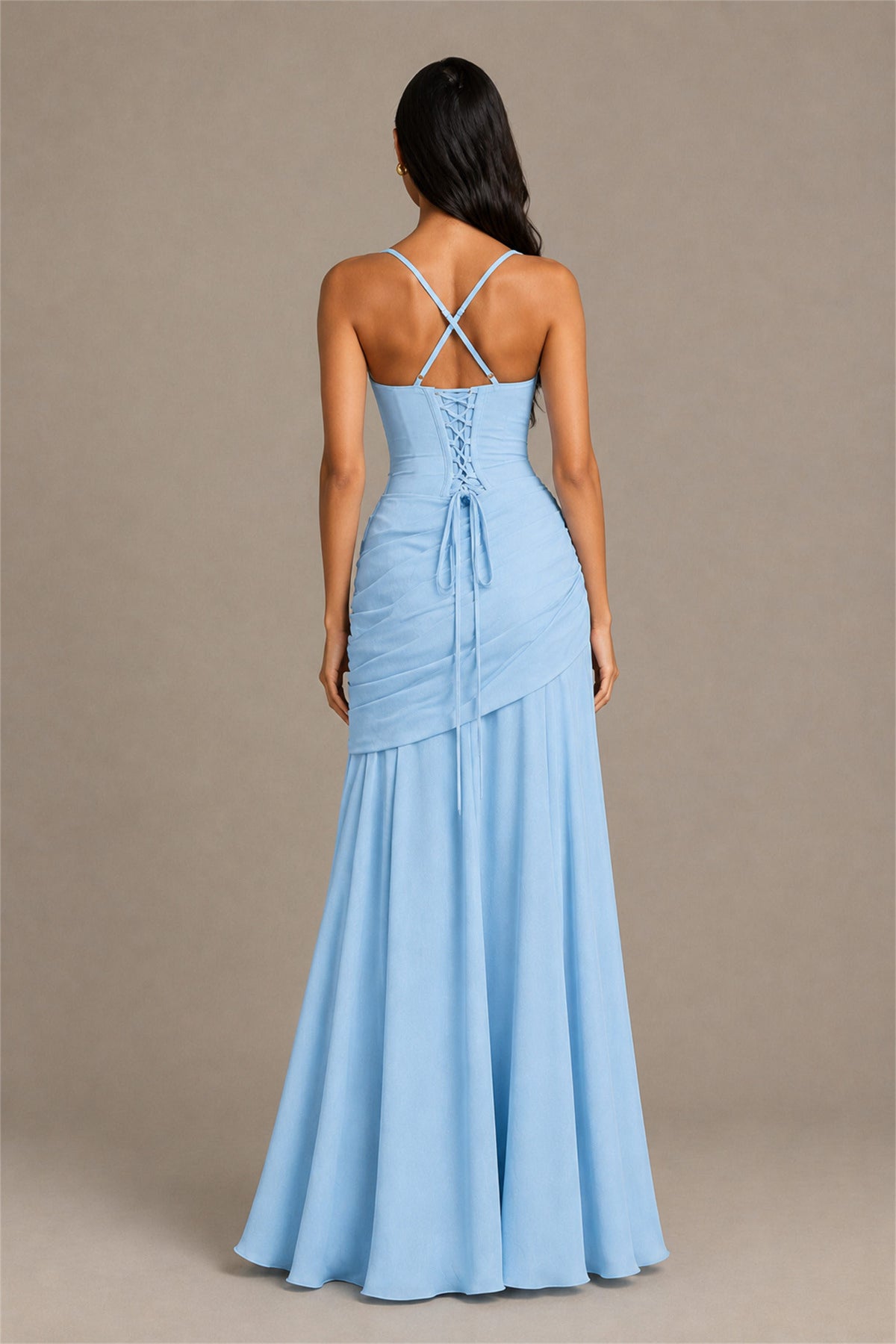 BOLODOO Square Neck Ruched A-Line Maxi Dress - Light Blue Backless Evening Gown - Light Blue
