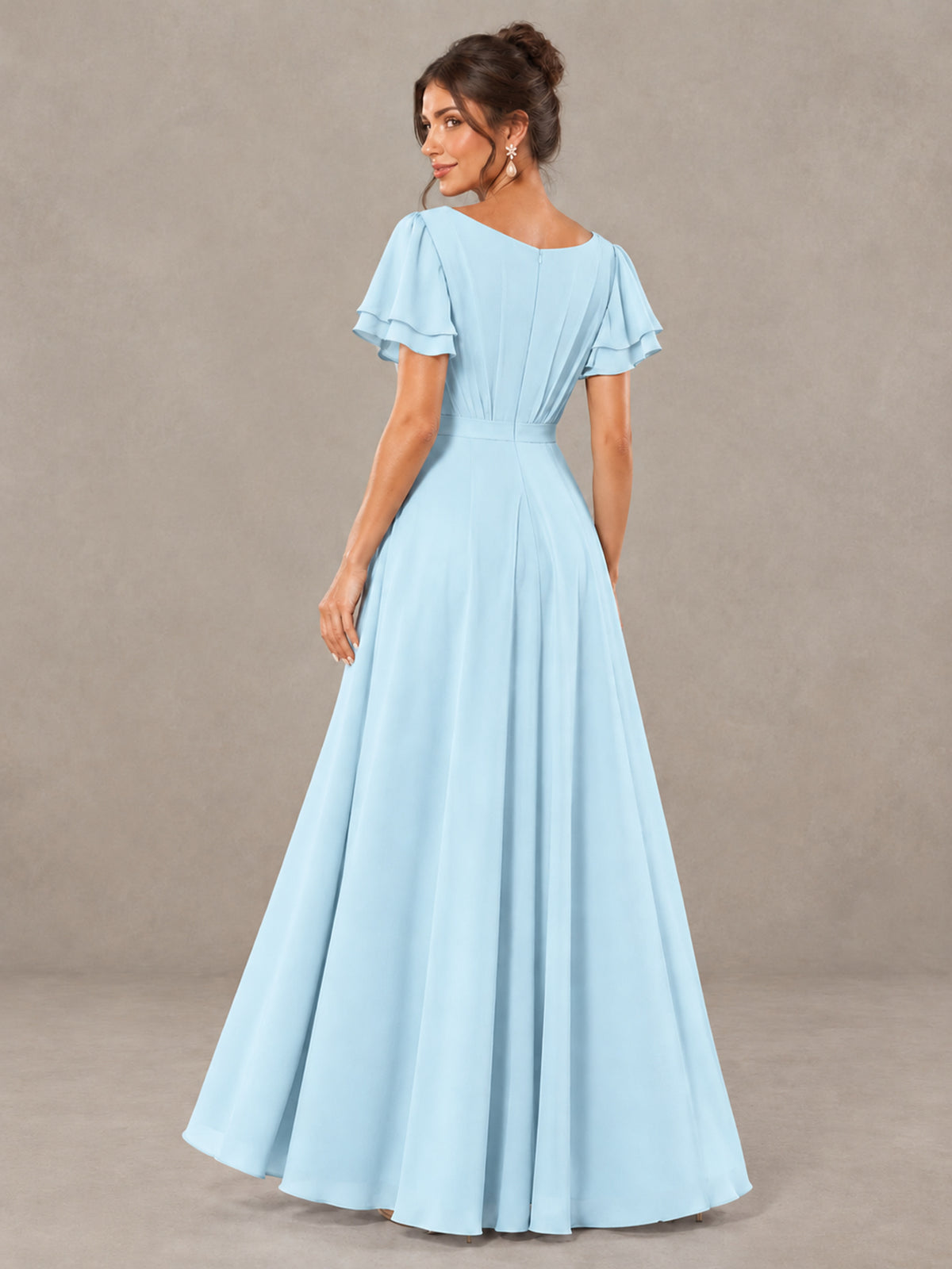 BOLODOO Light Blue Flutter Sleeve Ruffle Bridesmaid Dress with Slit - Light Blue - Light Blue (2)