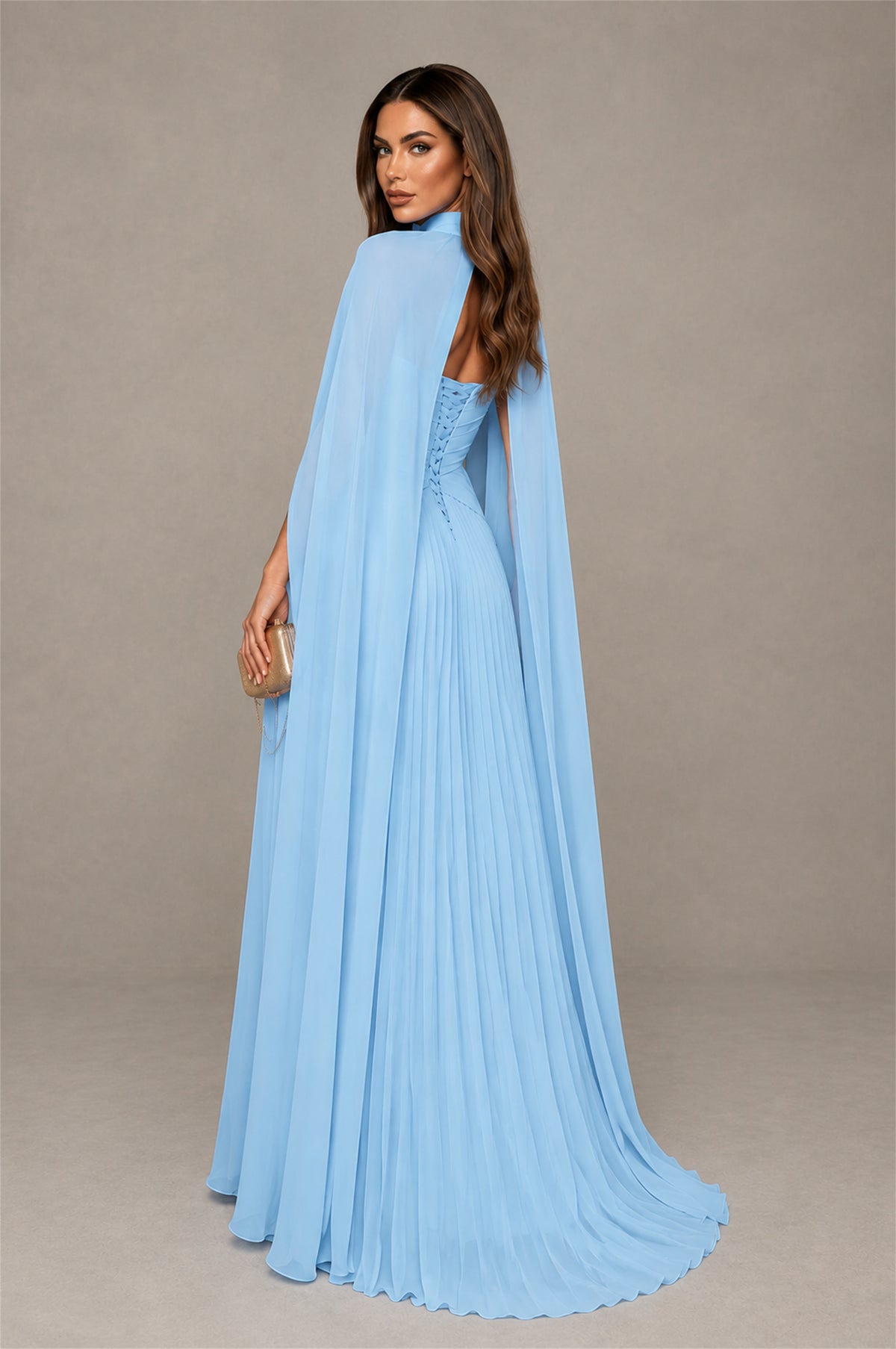 BOLODOO Light Blue Strapless Crossover Ruched Bodice Detached Turtleneck Cape Lace-Up Back Pleated Chiffon Maxi Dress - Light Blue