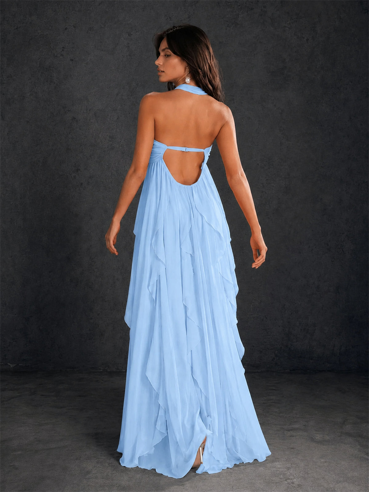 BOLODOO Light Blue Halter Neck Cascading Ruffle Chiffon Maxi Dress | Keyhole Open Back - Light Blue