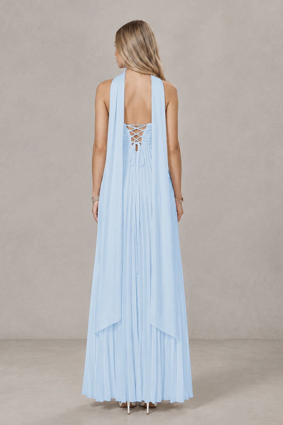 BOLODOO Light Blue Strapless Chiffon-Look Maxi Dress with Lace-Up Back & Cape - Light Blue