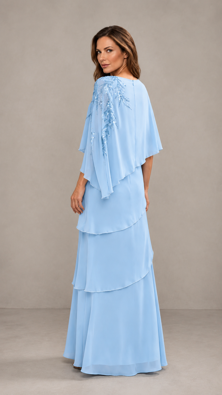BOLODOO Light Blue Mocha Asymmetric Cape Sleeve Light Blue Sequin Embroidered Pearl Trim Tiered Chiffon Gown - Light Blue