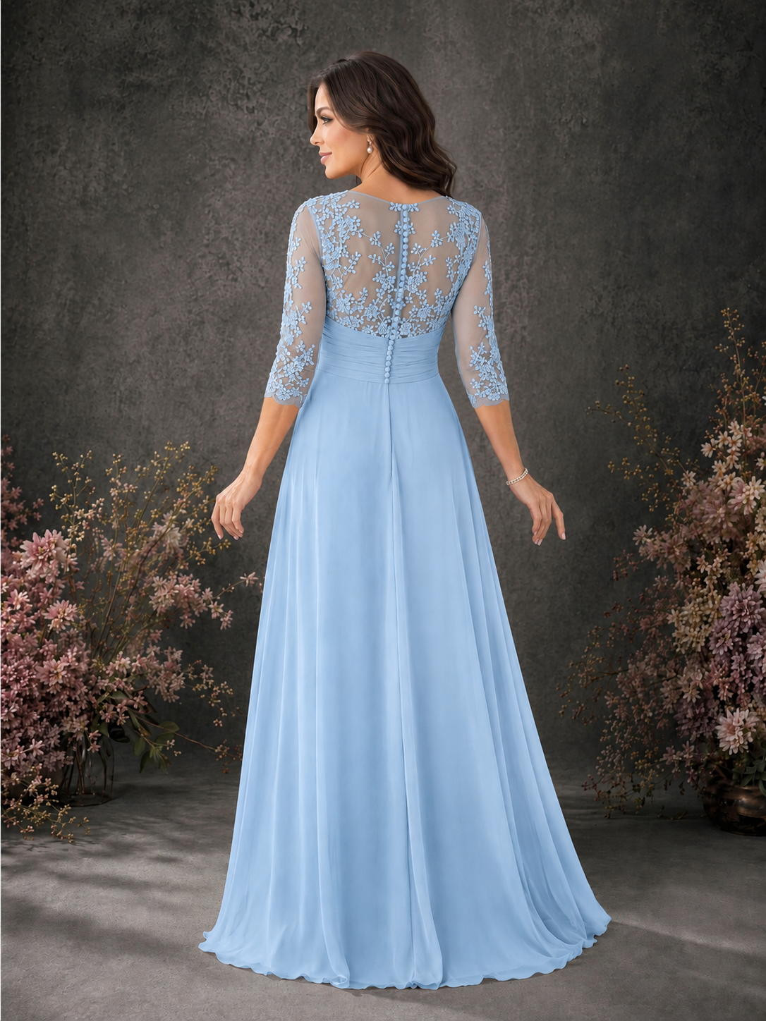 BOLODOO Light Blue Chiffon Lace Illusion Neckline 3/4 Sleeve Floor Length Formal Gown - Light Blue