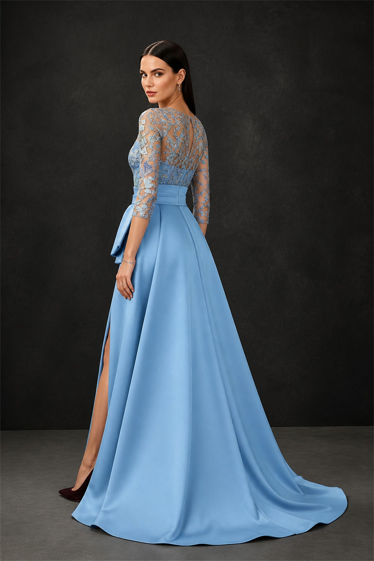 BOLODOO Light Blue 3/4 Sleeve Sequin Illusion Bodice Satin A-Line Gown with Front Slit - Light Blue