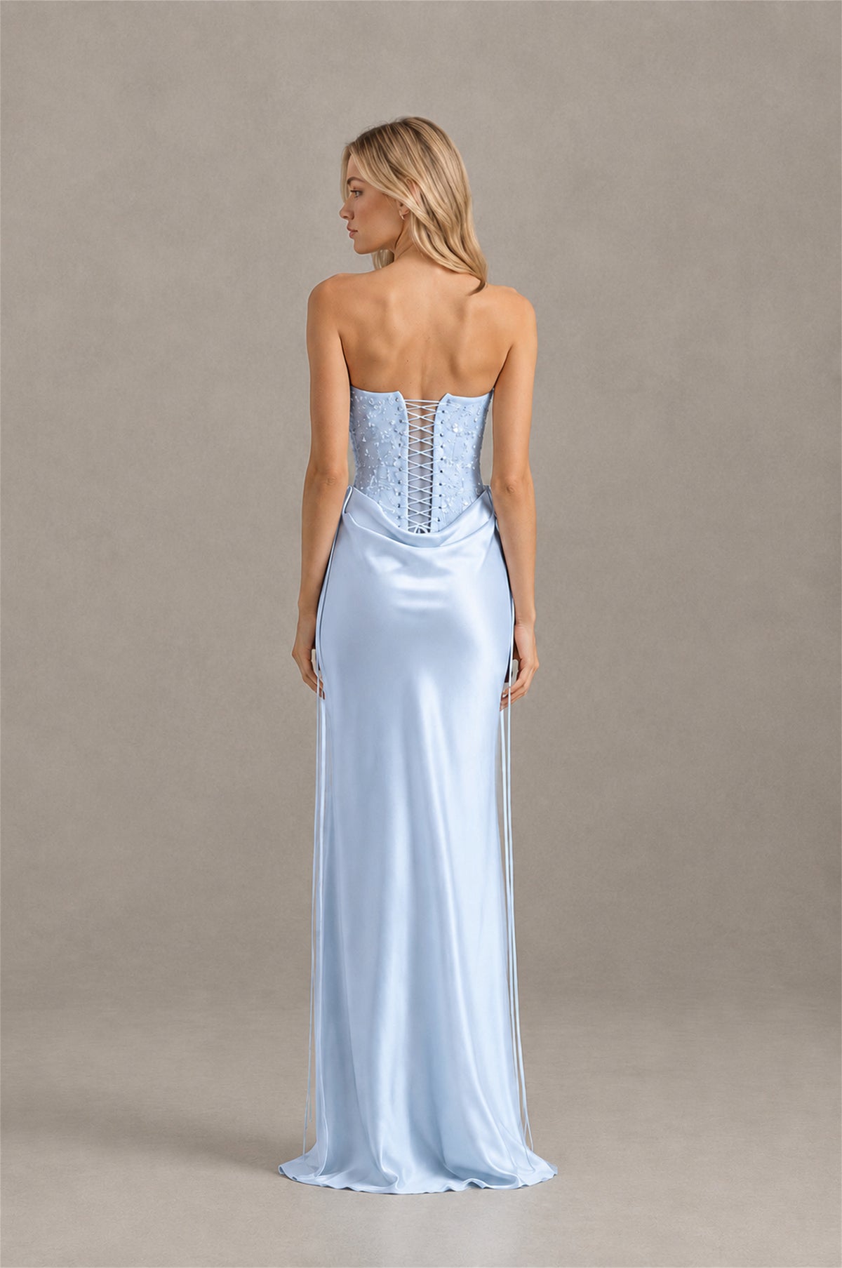 BOLODOO Light Blue Strapless Embellished Corset Satin-Look Maxi Dress - Light Blue