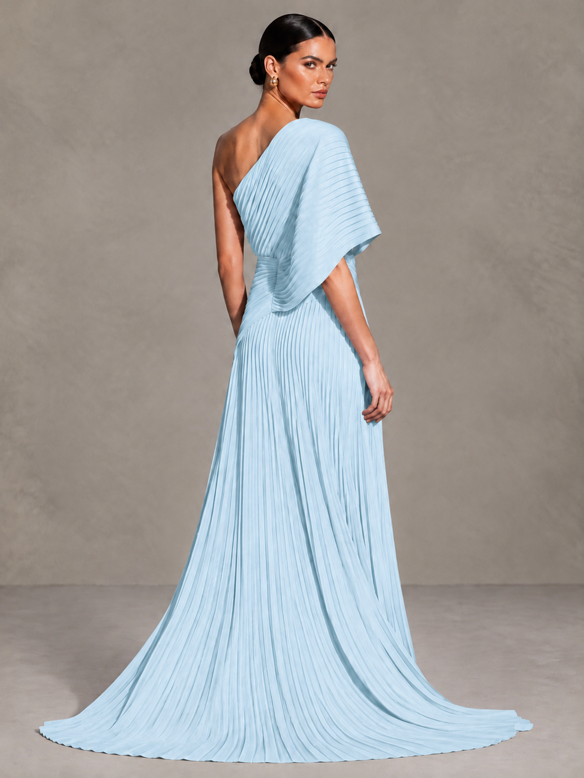 BOLODOO Light Blue One-Shoulder Pleated Cape Evening Gown with Train - Light Blue - Light Blue (2)