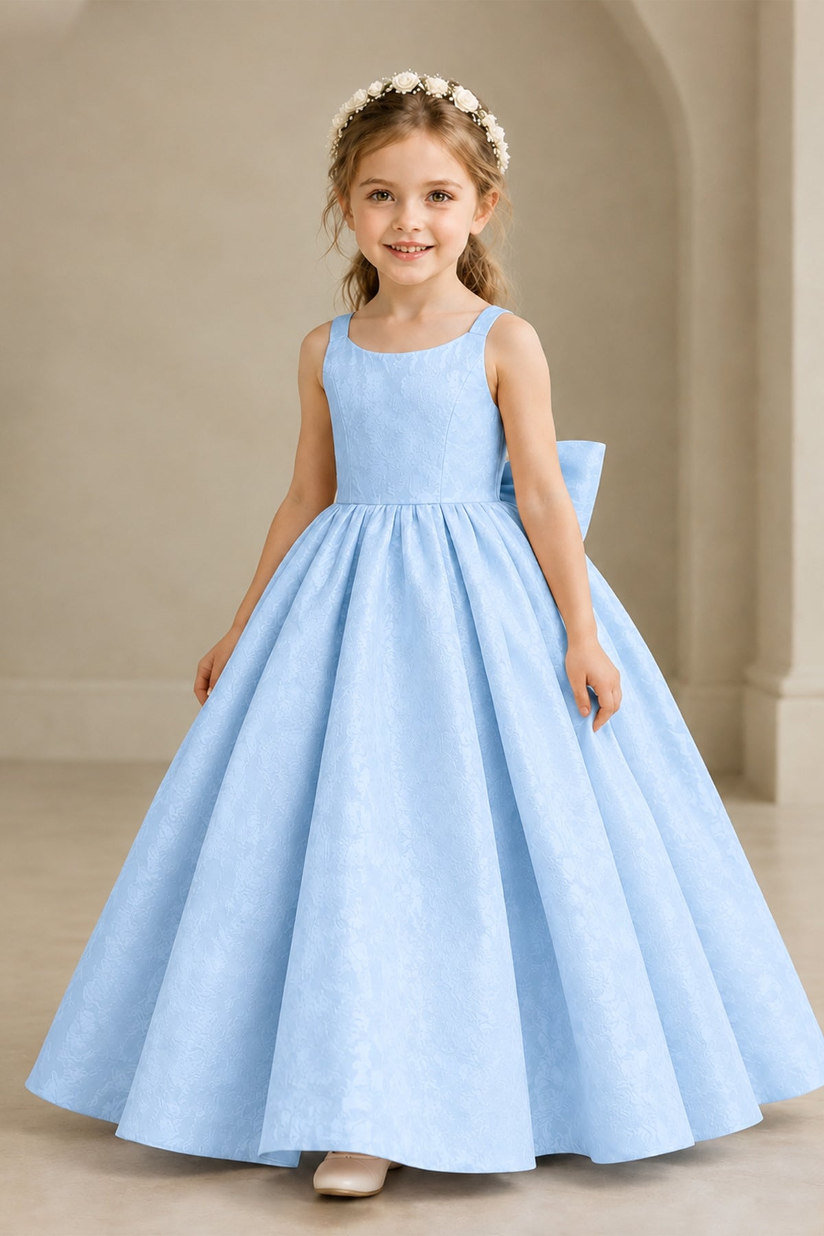 BOLODOO Light Blue Girls' A-Line Flower Girl Dress with Back Bow - Light Blue