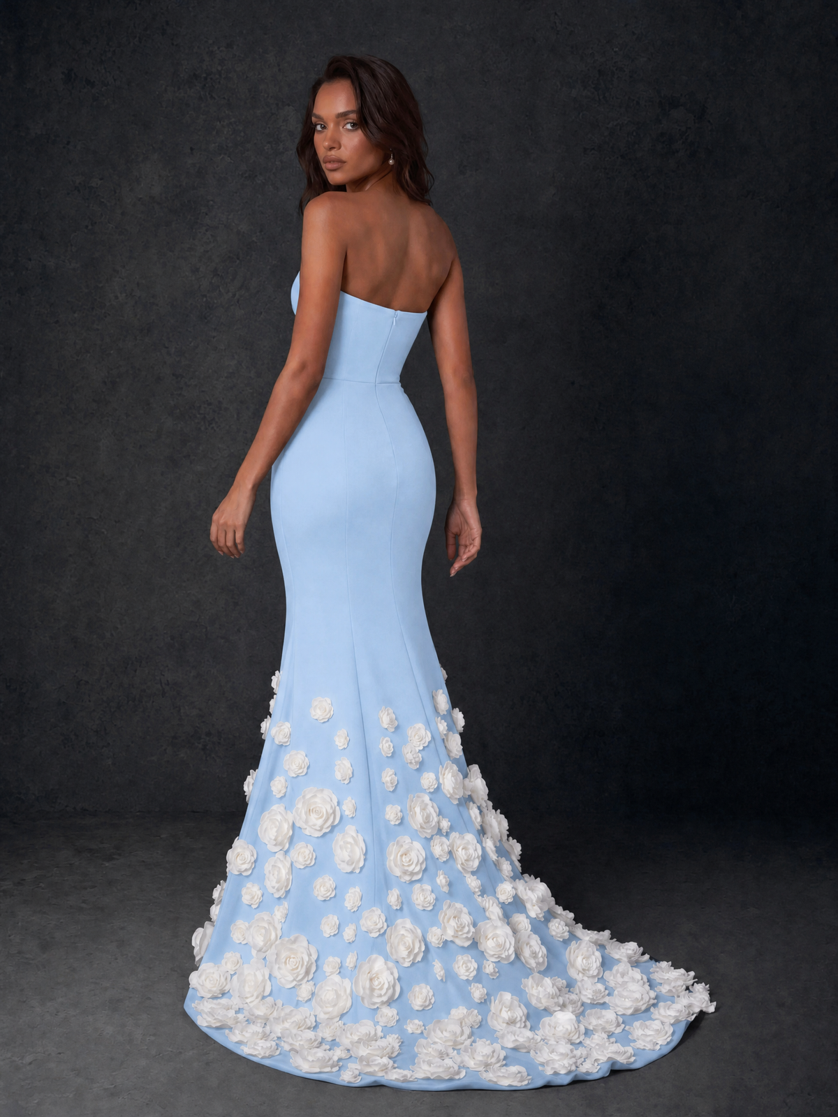 BOLODOO Light Blue Sweetheart Strapless Crepe Mermaid Gown with Light Blue 3D Rose Floral Appliqué Skirt and Open Back - Light Blue