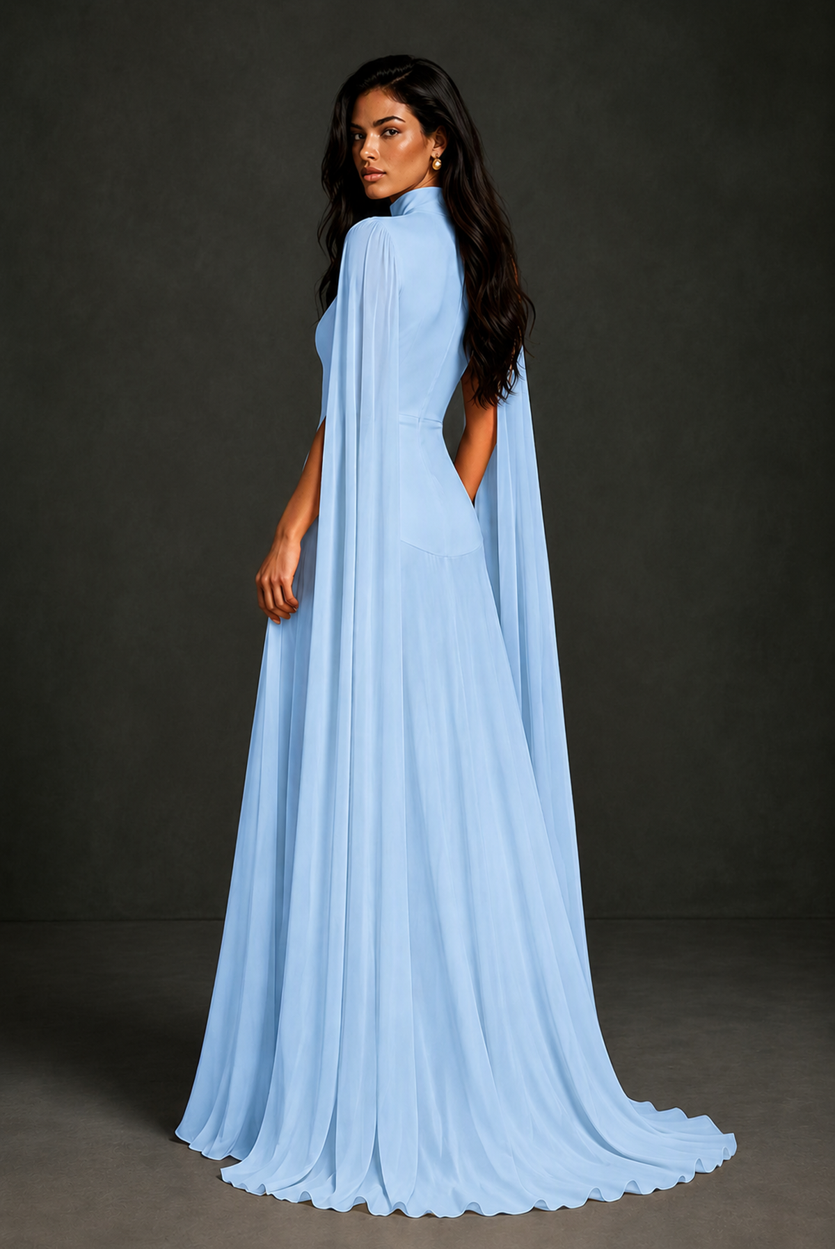 BOLODOO Light Blue Mock Neck Cape Sleeve A-Line Chiffon Maxi Dress - Light Blue