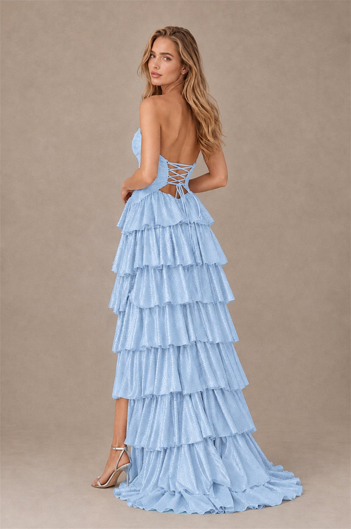 BOLODOO Light Blue Strapless Cutout Tiered Ruffle Prom Dress with High Slit - Light Blue - Light Blue (2)