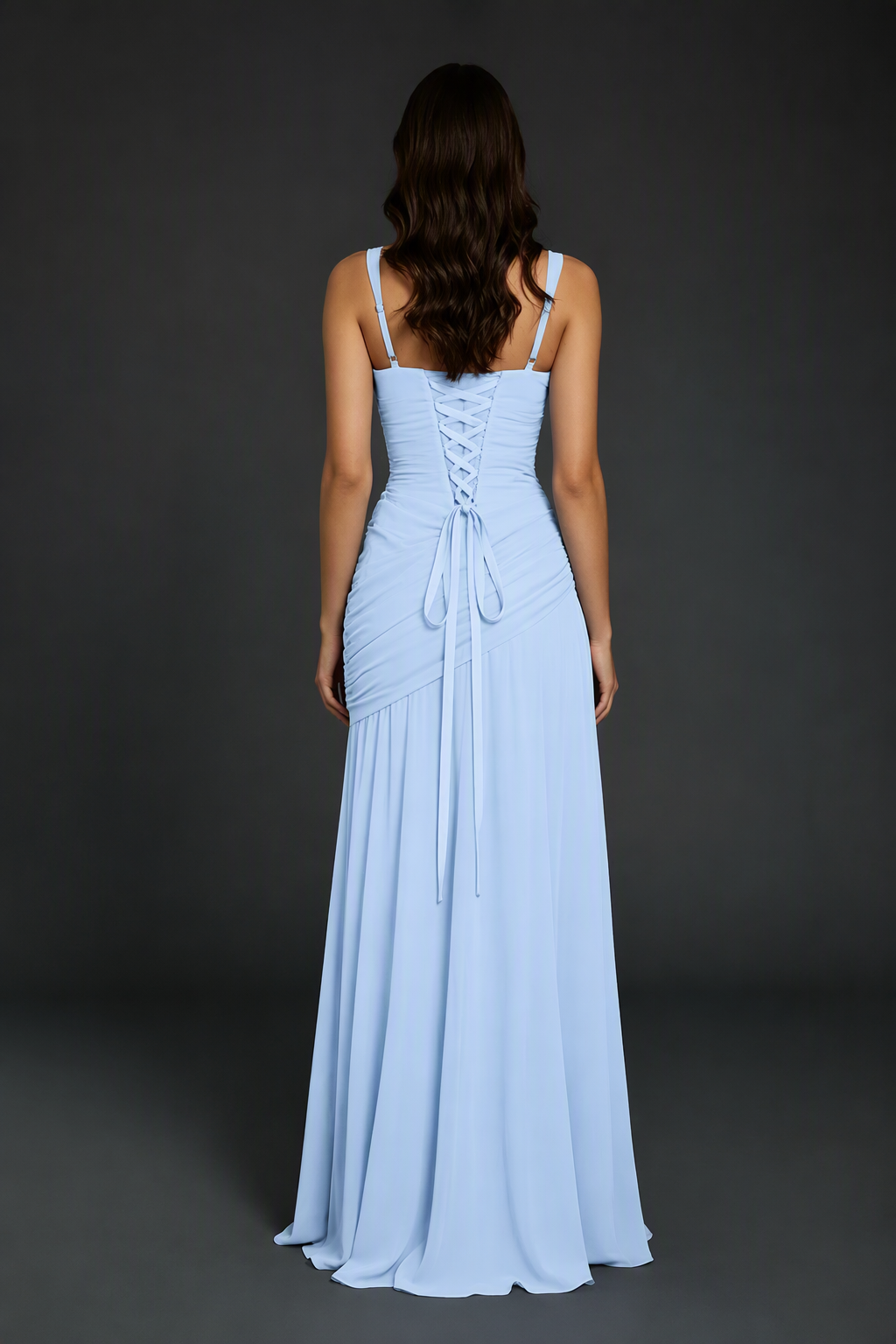 BOLODOO Light Blue Spaghetti Strap Ruched Maxi Dress – Formal Evening Gown with Slit - Light Blue