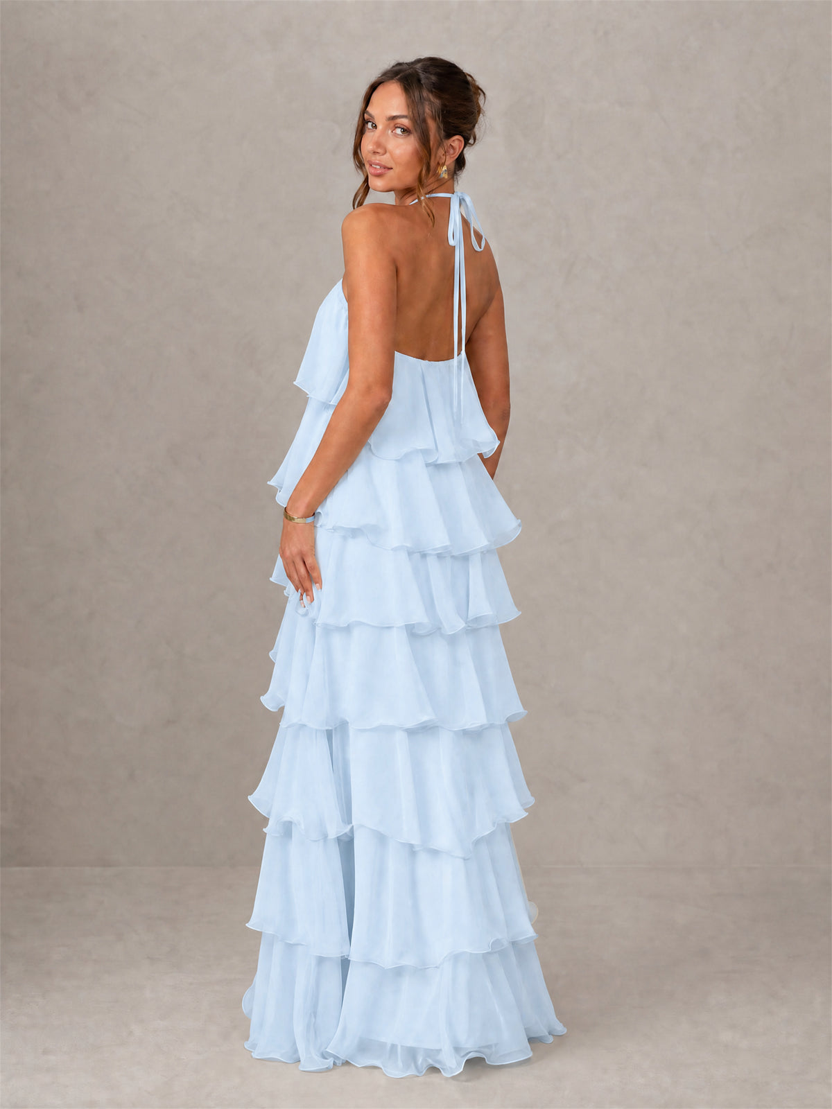 BOLODOO Light Blue Halter Tiered Ruffle Chiffon Maxi Dress - Light Blue