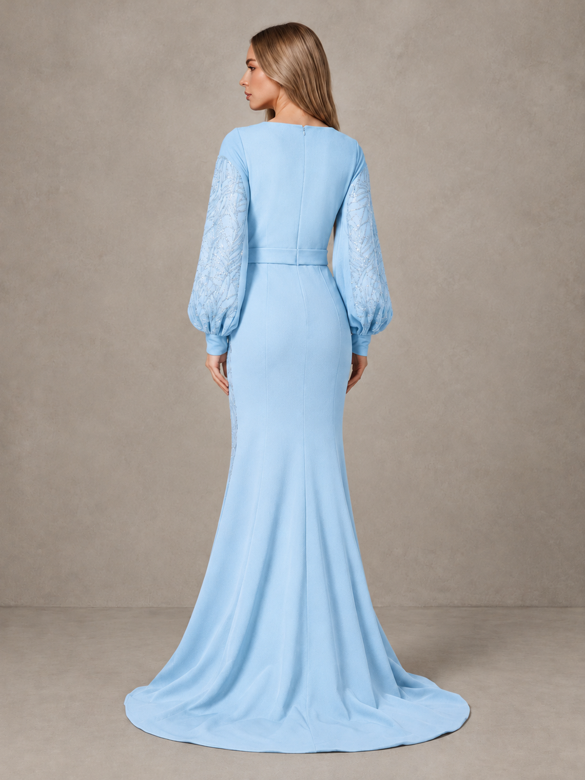 BOLODOO Light Blue Sequin Long Bishop Sleeve Mermaid Evening Dress - Light Blue - Light Blue (2)