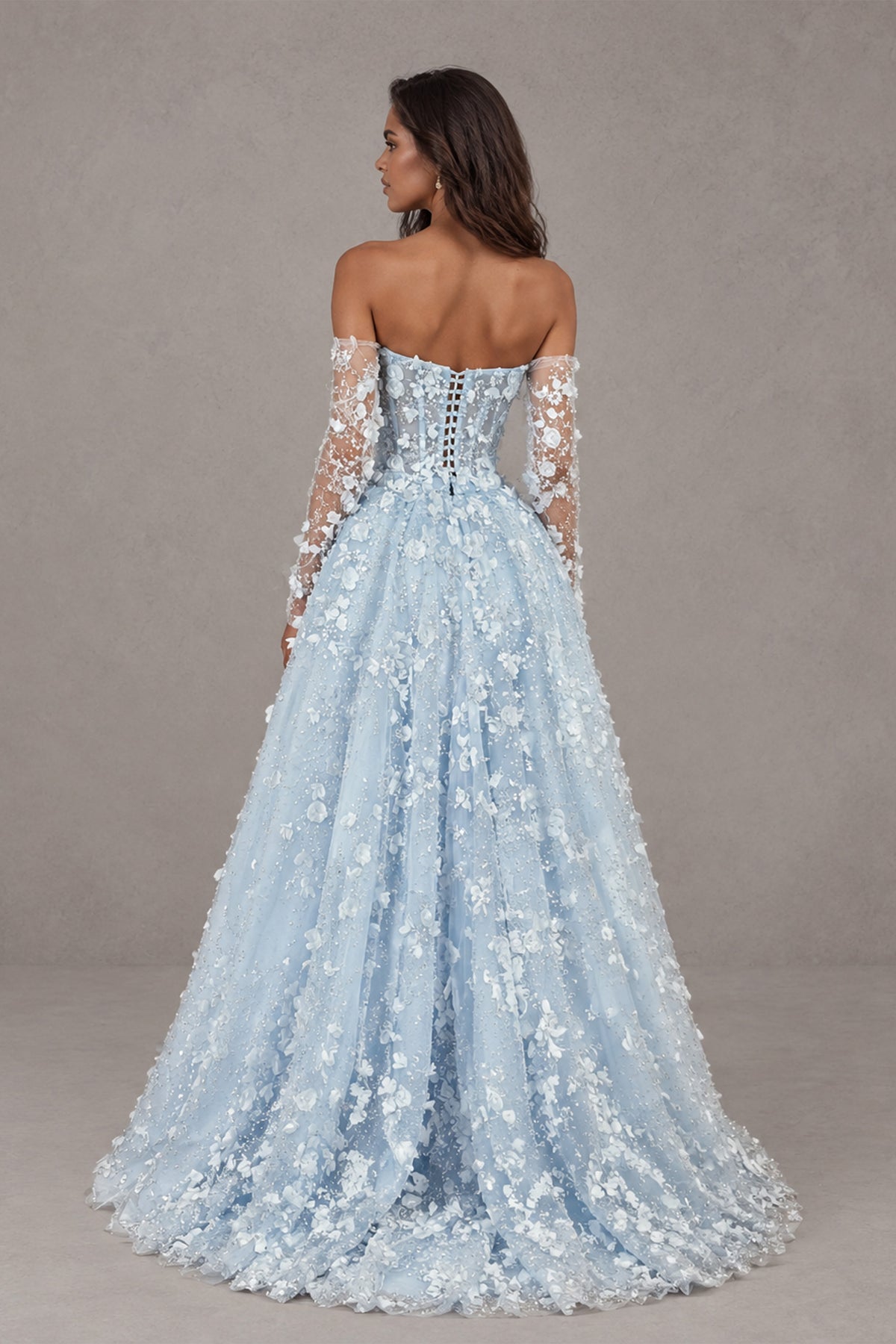 BOLODOO Light Blue Off Shoulder Floral Lace Gown with Long Sleeves - Light Blue