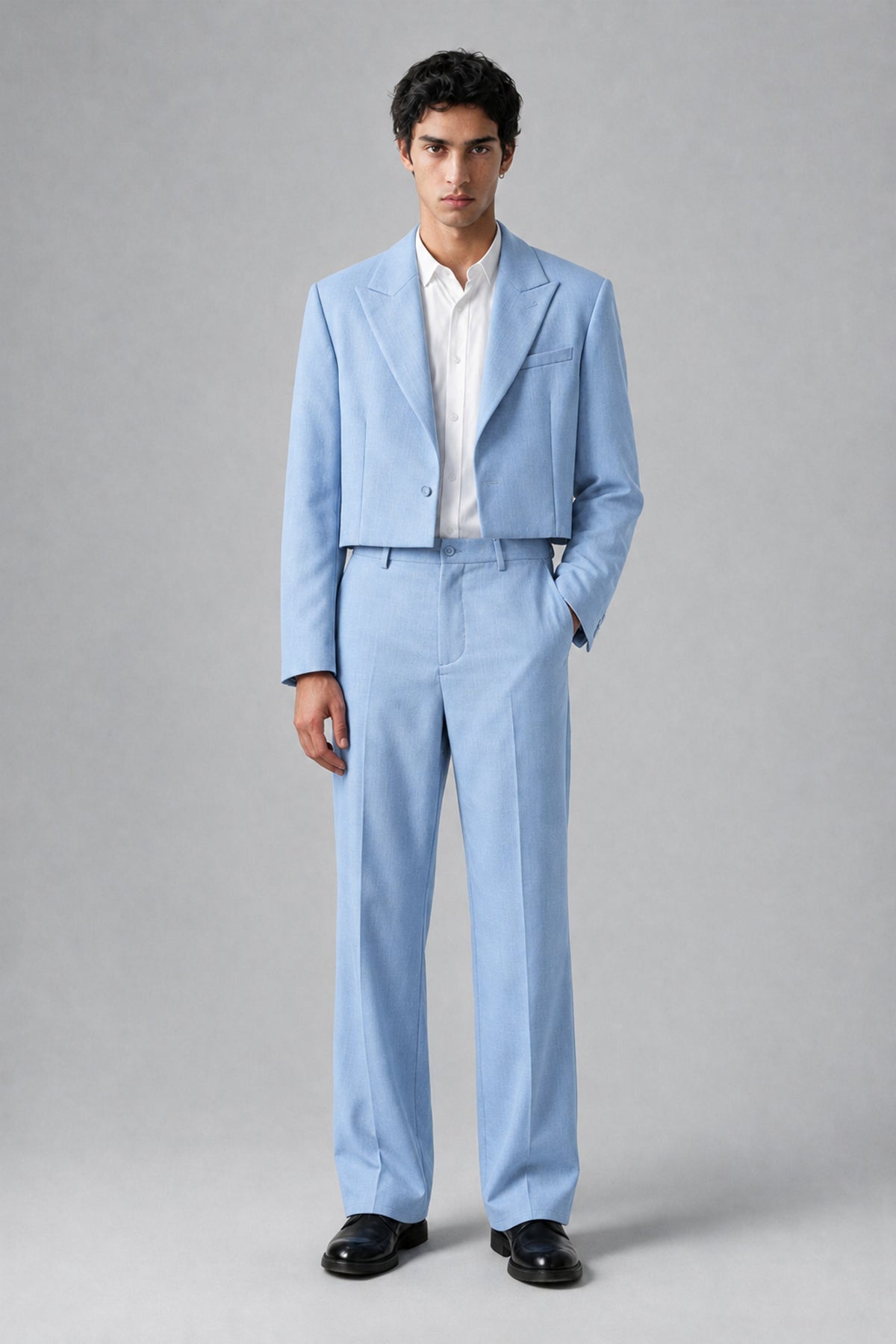 Bolodoo Men's Light Blue Cropped Blazer & Wide-Leg Trousers 2-Piece Suit - Light Blue - Light Blue (2)