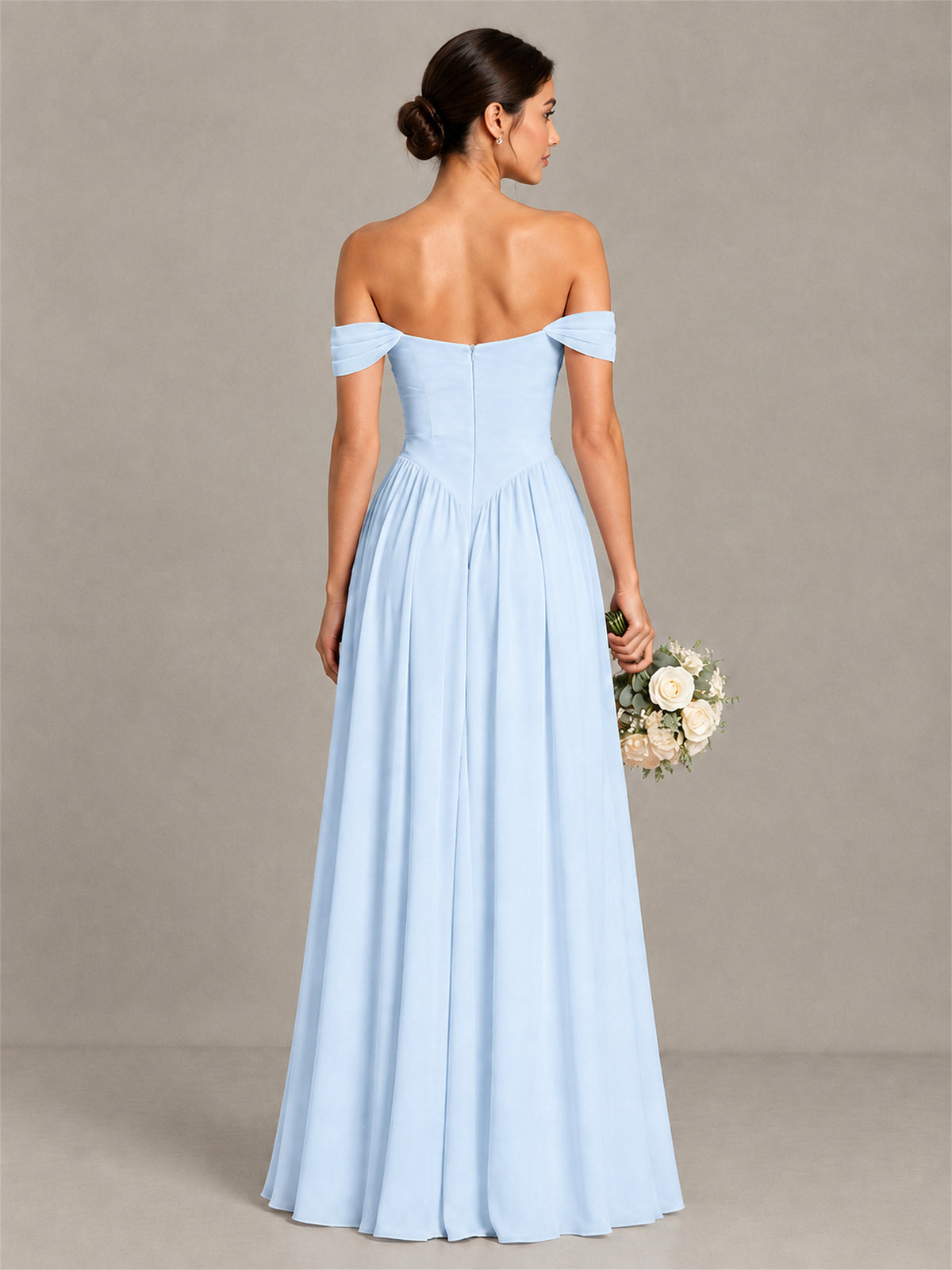 BOLODOO Light Blue Off-Shoulder Chiffon A-Line Bridesmaid Dress - Light Blue