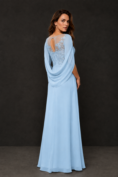 BOLODOO Light Blue Illusion Lace One-Side Cape Sleeve Beaded Chiffon Floor Length Gown | Mother of the Bride Evening Dress - Light Blue