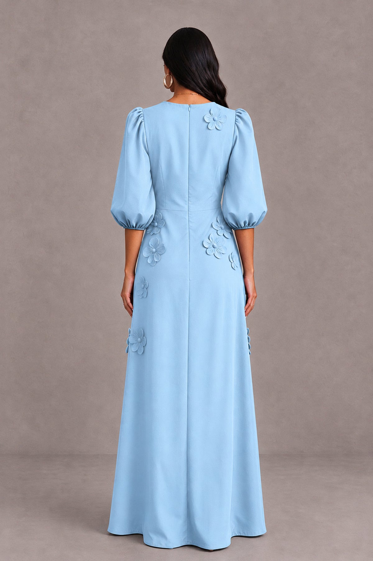 BOLODOO Light Blue Floral Applique Puff Sleeve A-Line Evening Dress - Light Blue - Light Blue (2)