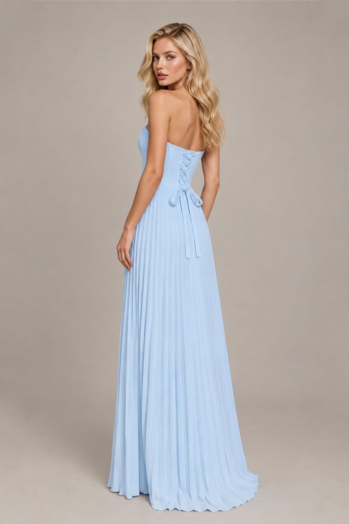 BOLODOO Light Blue Strapless Sunburst Pleated Twisted Knot Lace-Up Back Accordion Pleated Chiffon Maxi Dress - Light Blue