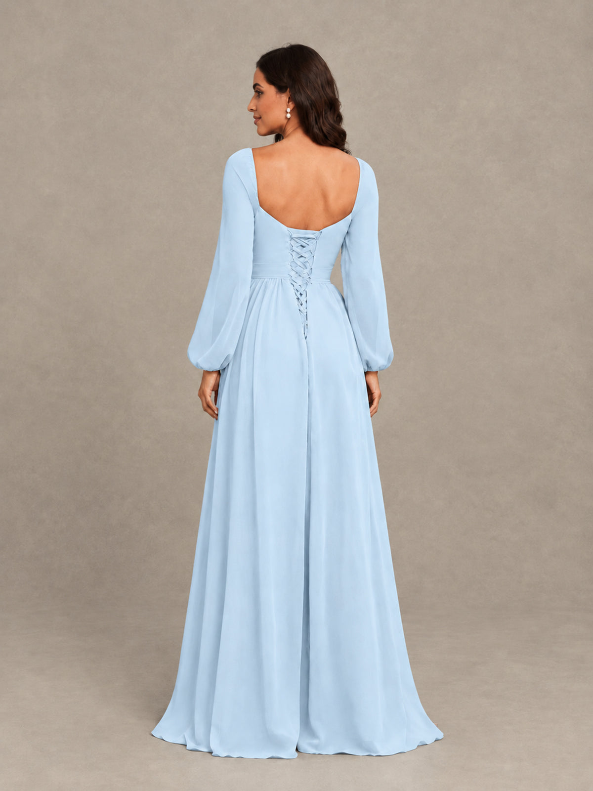 BOLODOO Light Blue Long Sleeve Chiffon Bridesmaid Dress with Slit - Light Blue - Light Blue (2)