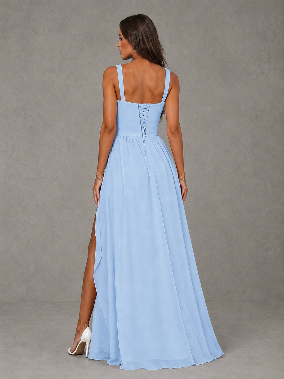 BOLODOO Light Blue A-Line Bridesmaid Dress with High Slit & Lace-Up Back - Light Blue - Light Blue (2)