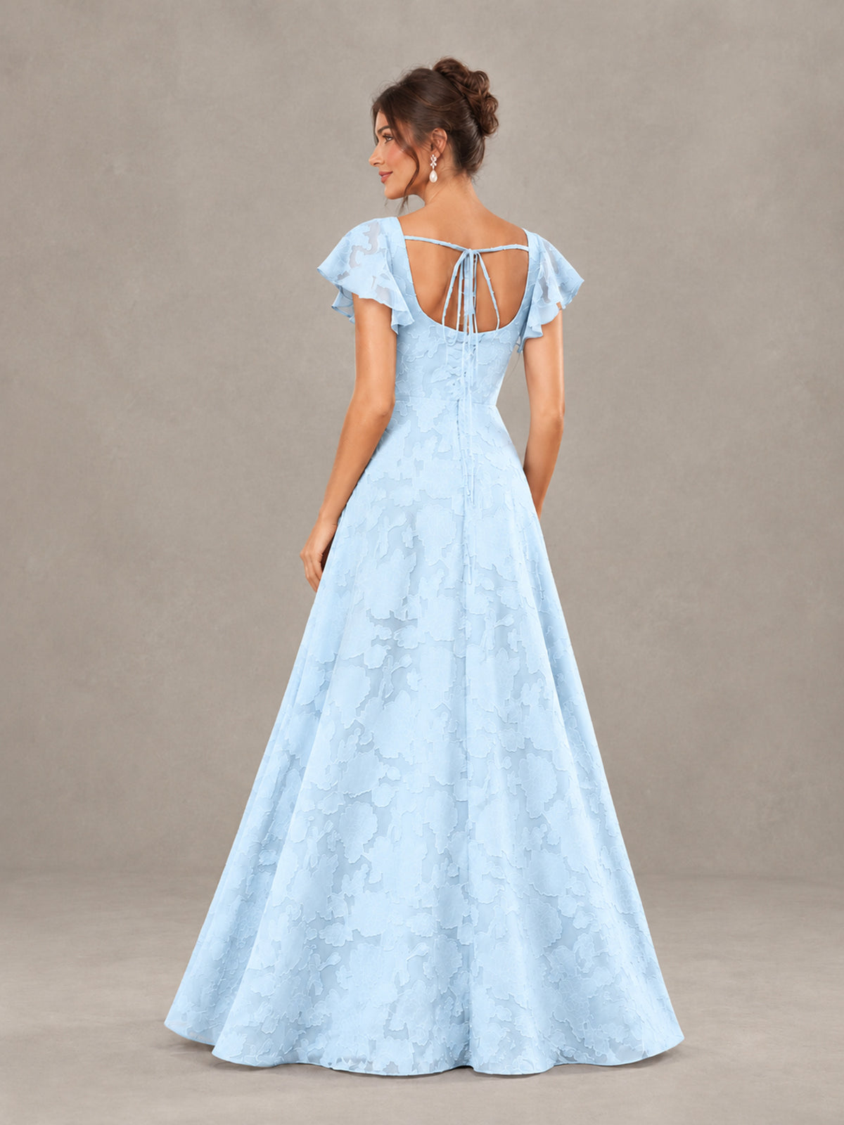 BOLODOO Light Blue Floral Flutter Sleeve Bridesmaid Dress with Slit - Light Blue - Light Blue (2)