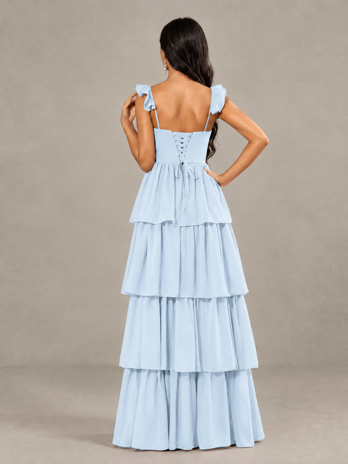 BOLODOO Light Blue Tiered Maxi Bridesmaid Dress with Slit - Light Blue