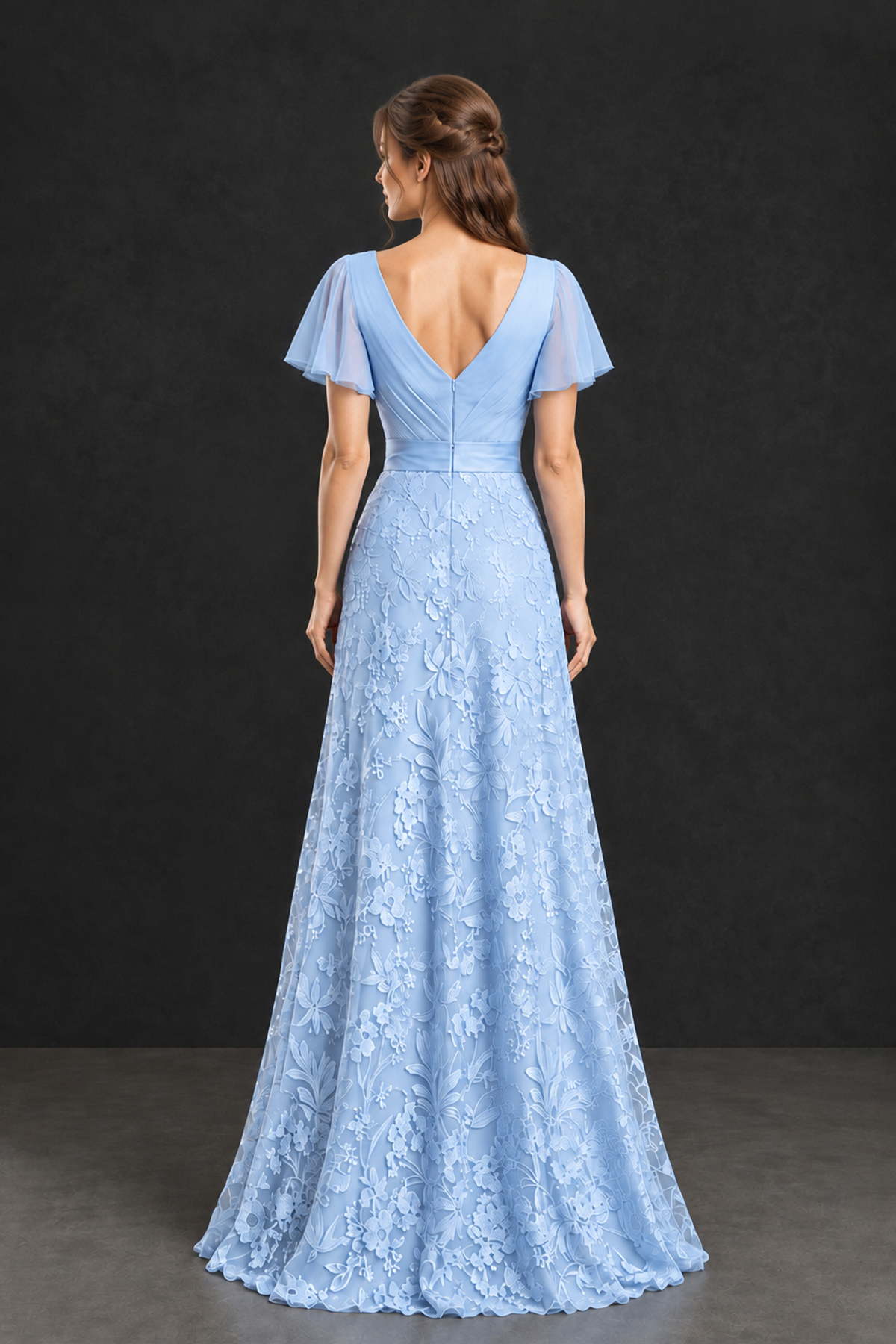 BOLODOO Light Blue Flutter Sleeve Lace Mother of the Bride Dress - Light Blue