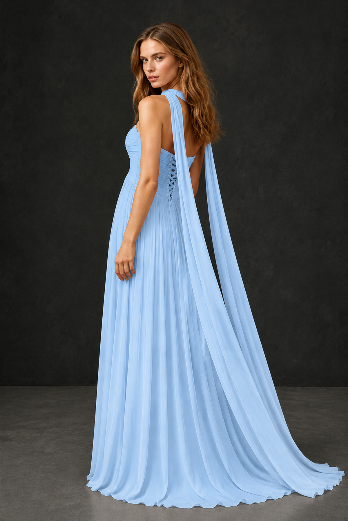 BOLODOO Light Blue Sweetheart Strapless Twist Knot Detached Halter Scarf Lace-Up Back Empire Waist Chiffon Maxi Dress - Light Blue