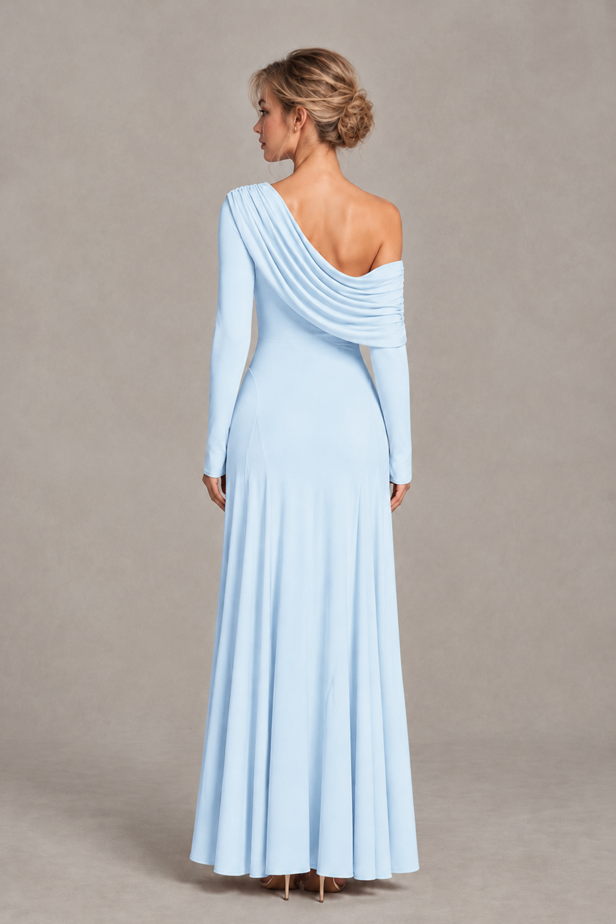 BOLODOO Light Blue Asymmetric Draped Long Sleeve Evening Gown - Light Blue