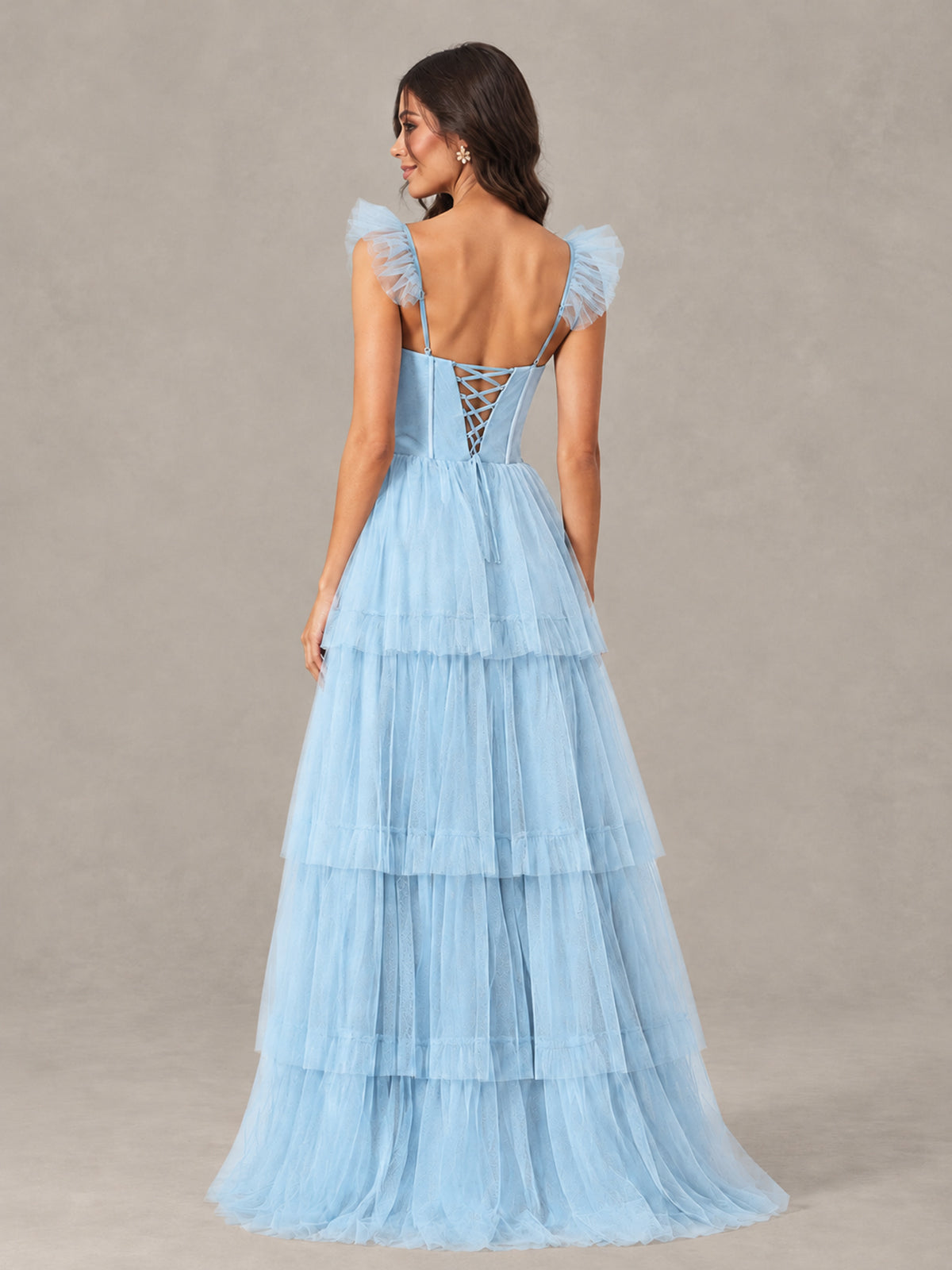 BOLODOO Light Blue Tiered Tulle Bridesmaid Dress with Slit - Light Blue - Light Blue (2)