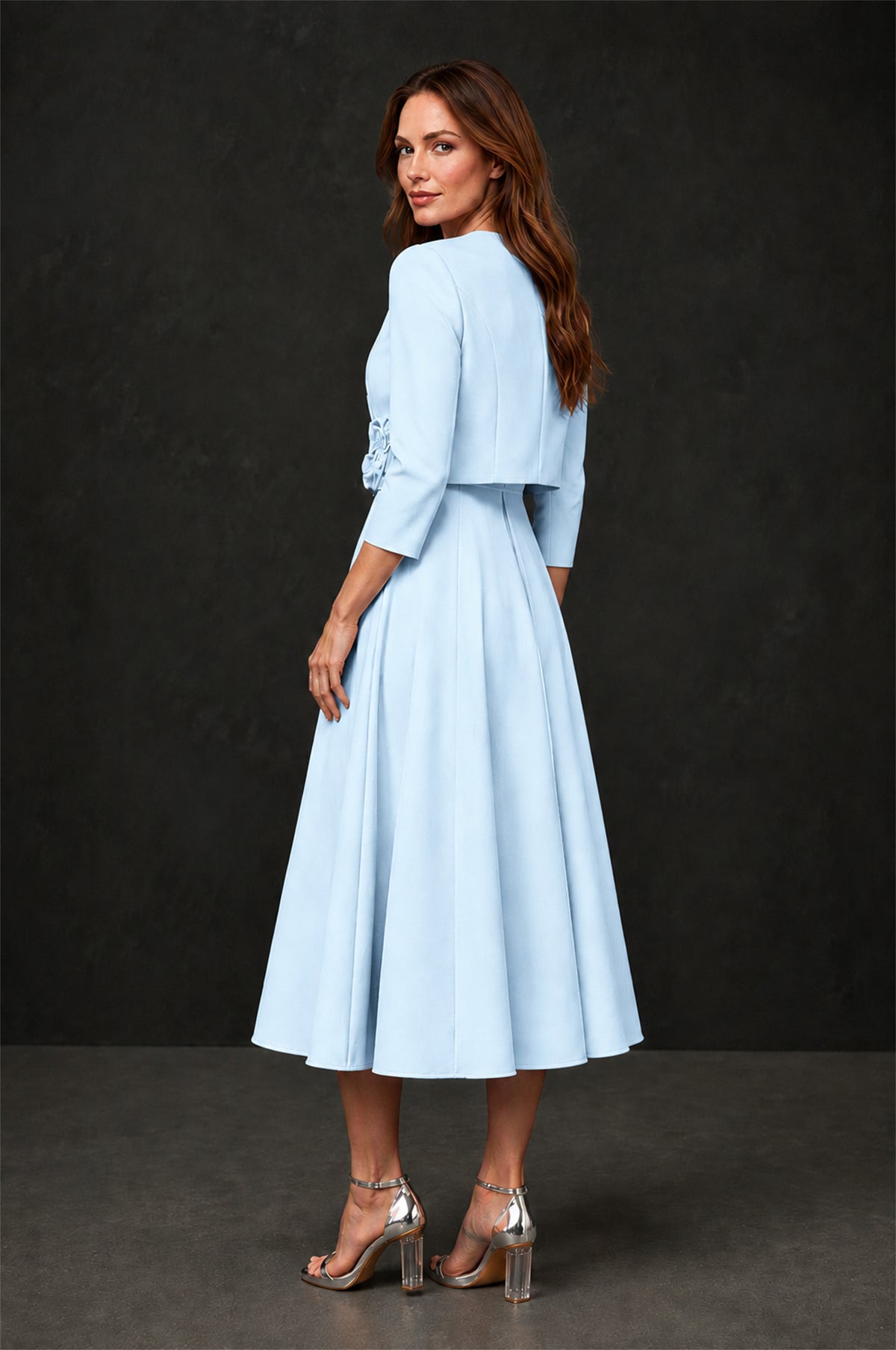BOLODOO Light Blue 3D Rosette Appliqué 3/4 Sleeve Jacket & V-Notch Sleeveless A-Line Tea-Length Two-Piece Dress Set - Light Blue