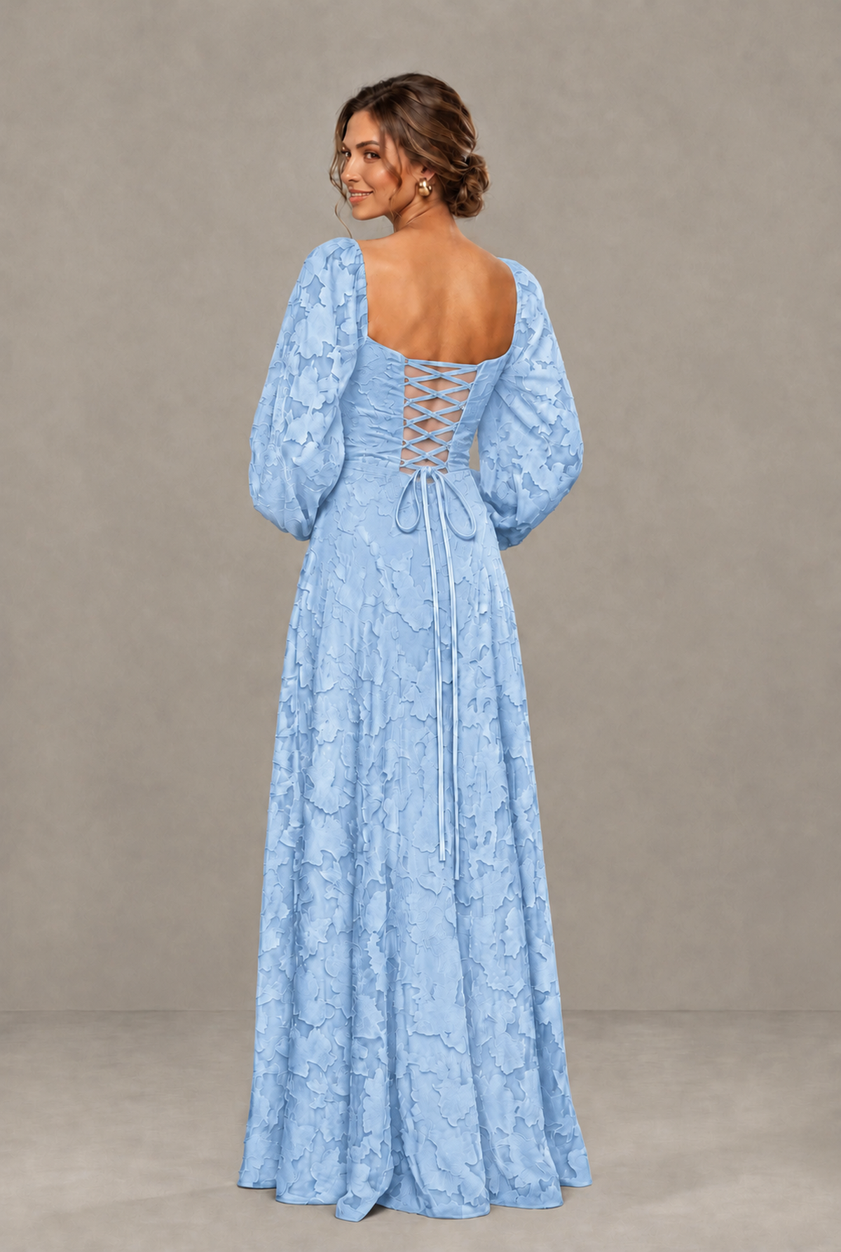 BOLODOO Floral Light Blue Long Sleeve A-Line Dress with Lace-Up Back - Light Blue