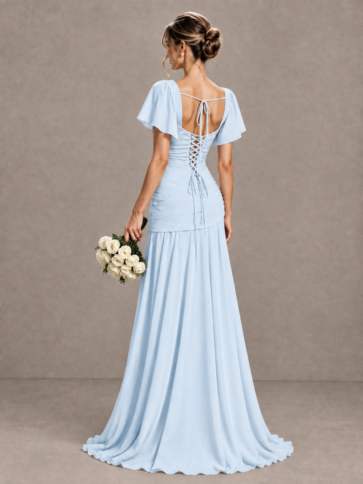 BOLODOO Light Blue Flutter Sleeve Lace-Up Back Maxi Dress - Light Blue