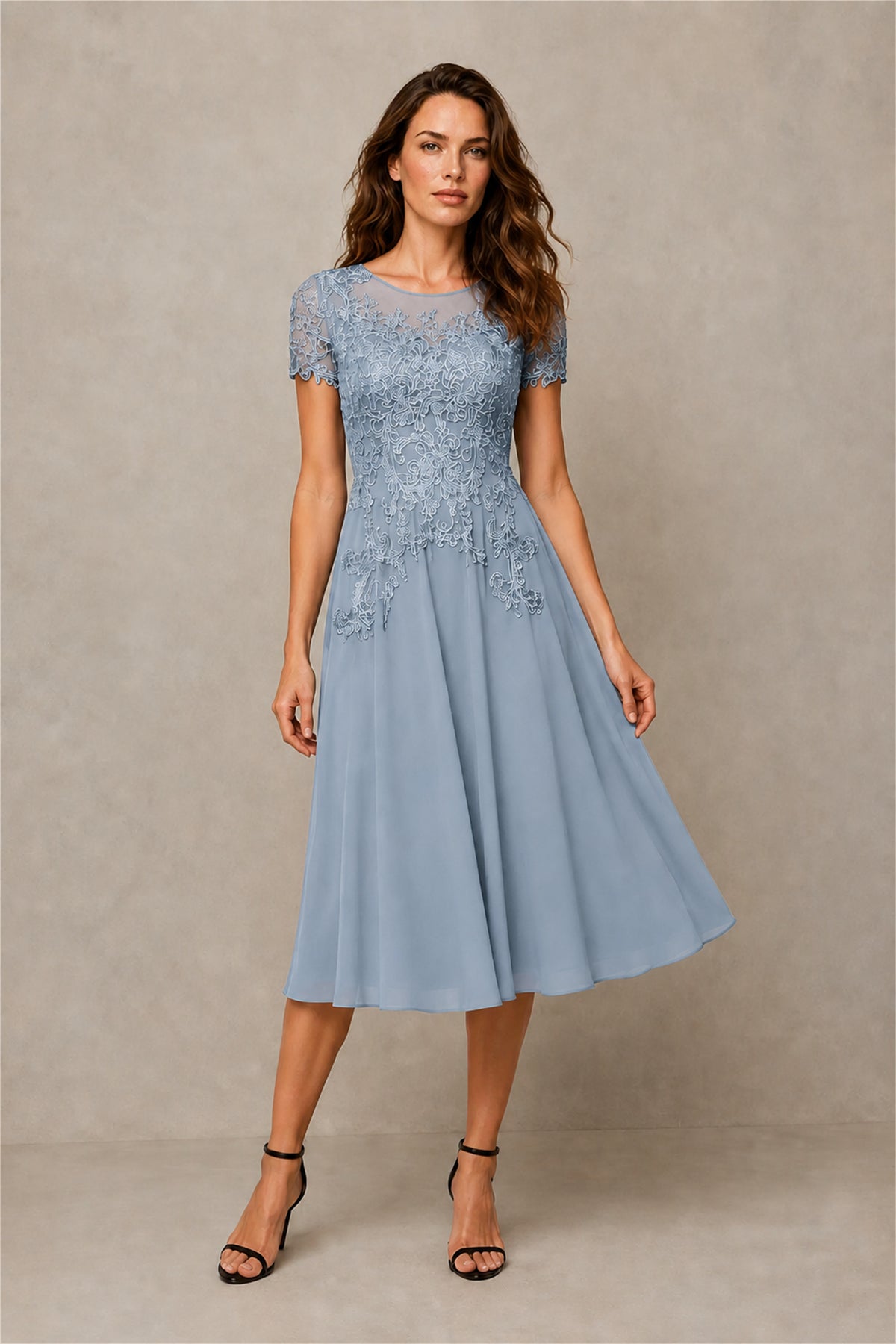 BOLODOO Steel Light Blue Beaded Lace Illusion Bodice Chiffon Tea-Length Dress | Mother of the Bride & Cocktail Party - Light Blue