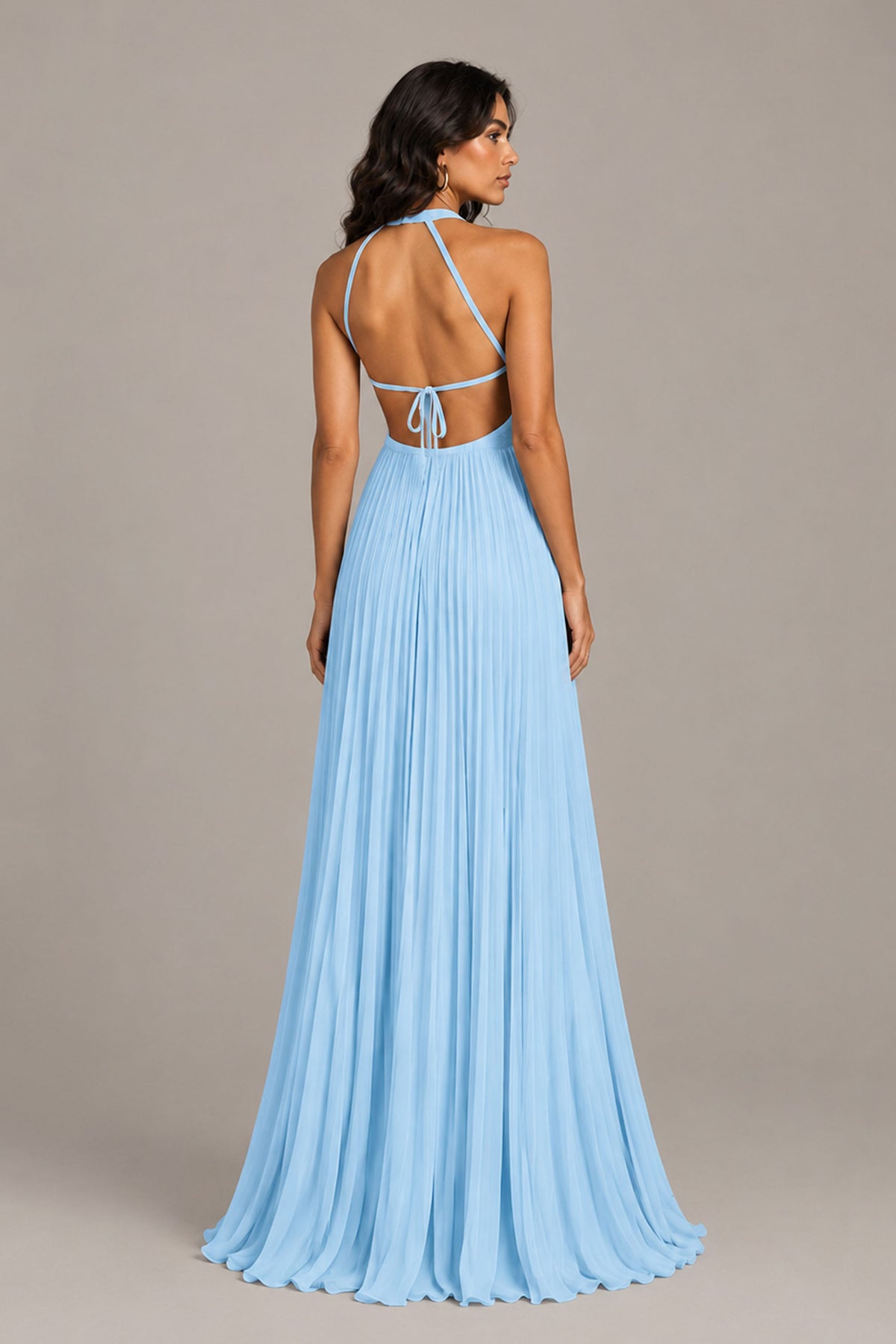 BOLODOO Light Blue Halter Neck Pleated Chiffon Maxi Dress with Side Slit - Light Blue