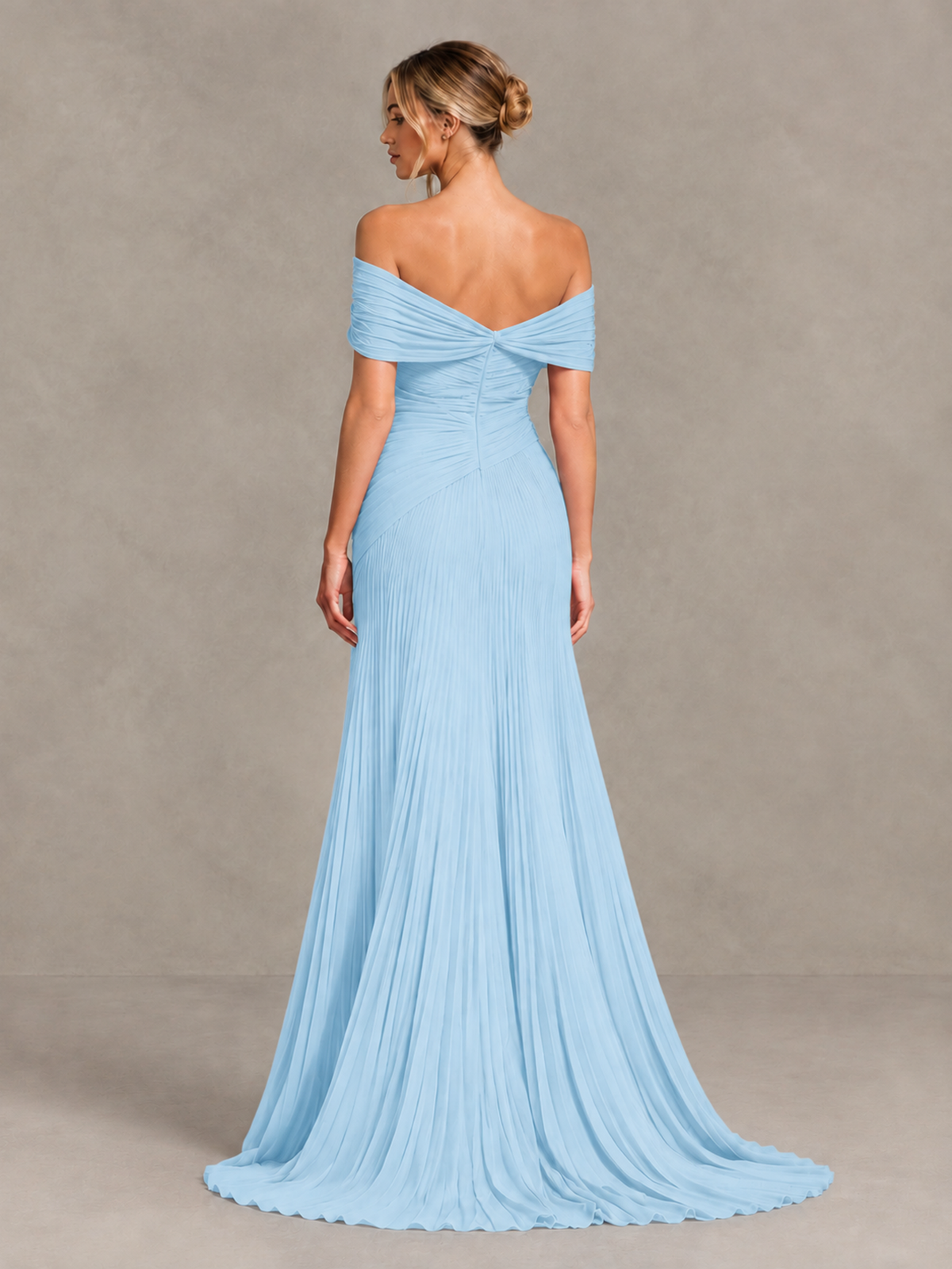 BOLODOO Light Blue Off-Shoulder Ruched Pleated Maxi Dress with High Slit - Light Blue - Light Blue (2)