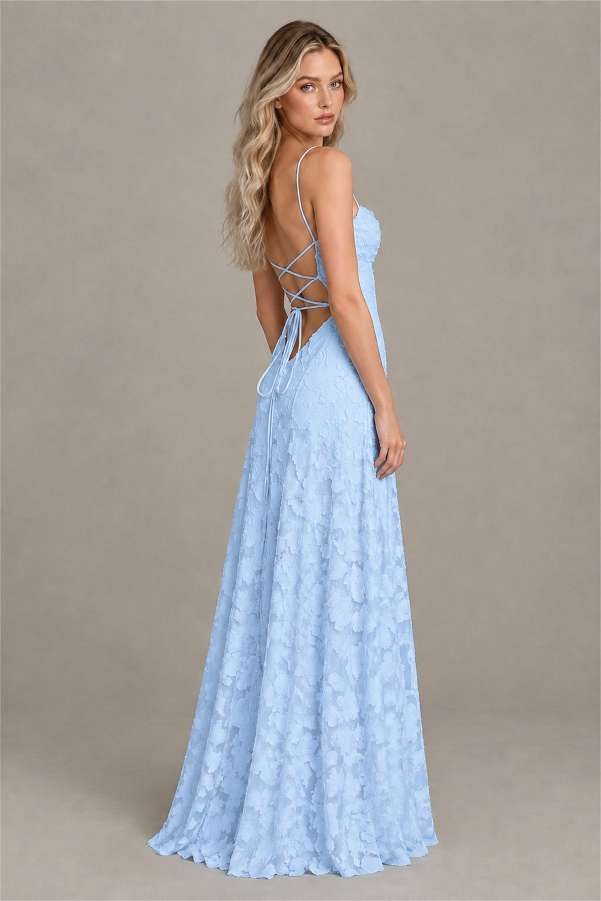 BOLODOO Light Blue Floral Appliqué Lace-Up Back Maxi Dress - Light Blue