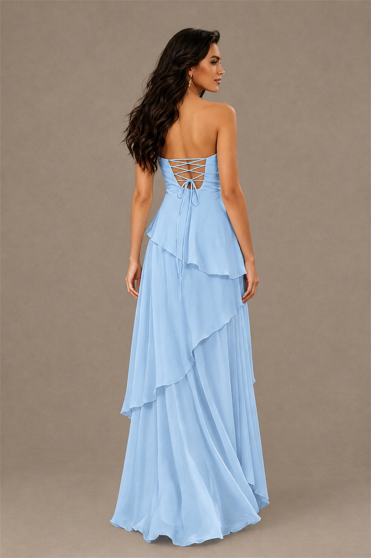 BOLODOO Light Blue Strapless Sweetheart Knotted Chiffon Tiered Maxi Dress with Lace-Up Back - Light Blue
