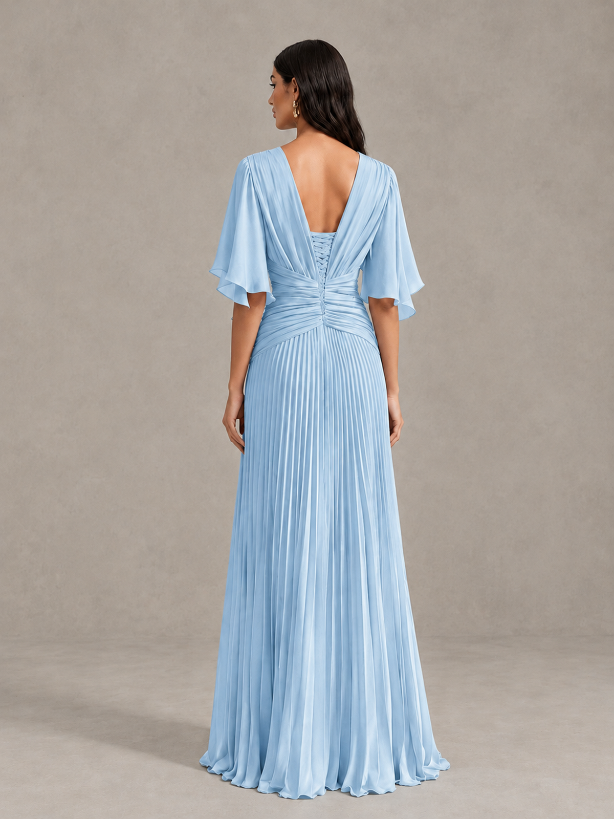 BOLODOO Light Blue Pleated V-Neck Flutter Sleeve Bridesmaid Dress - Light Blue - Light Blue (2)