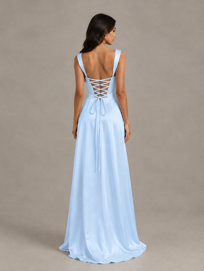 BOLODOO Light Blue Satin Lace-Up Bridesmaid Dress with Slit - Light Blue - Light Blue (2)
