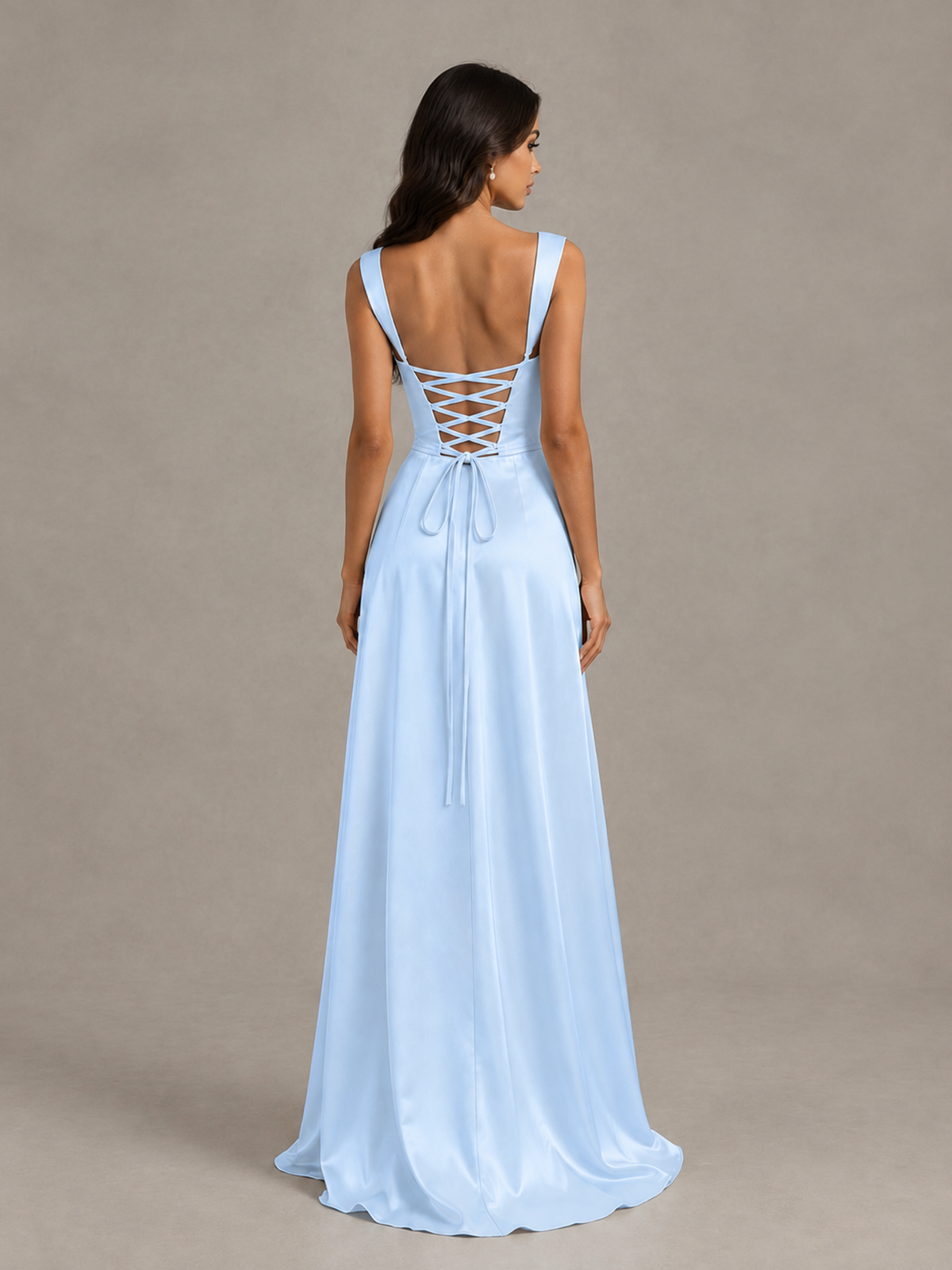 BOLODOO Light Blue Satin Lace-Up Bridesmaid Dress with Slit - Light Blue - Light Blue (2)