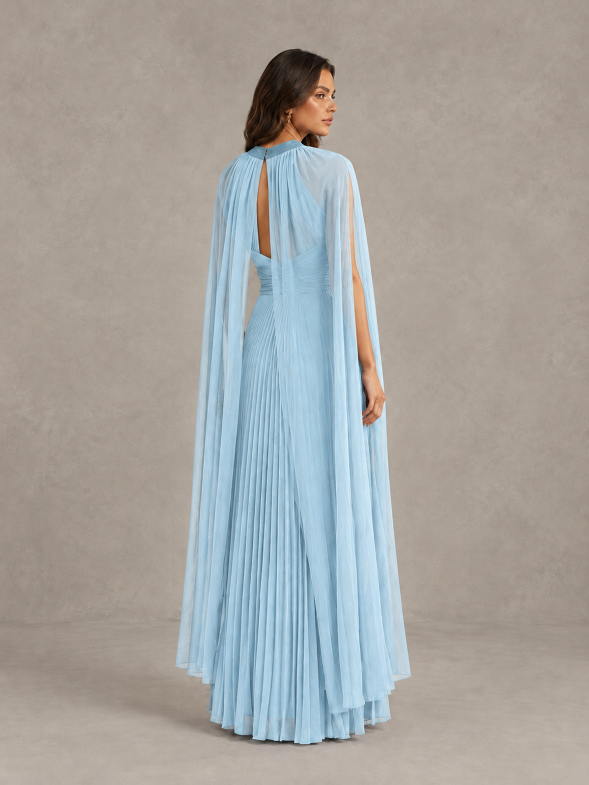 BOLODOO Light Blue Pleated Cape Maxi Wedding Guest Dress - Light Blue - Light Blue (2)