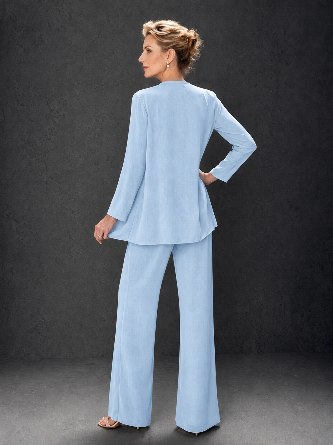 BOLODOO Light Blue 3-Piece Mother of the Bride Pant Suit with Beaded Top & Chiffon Jacket - Light Blue