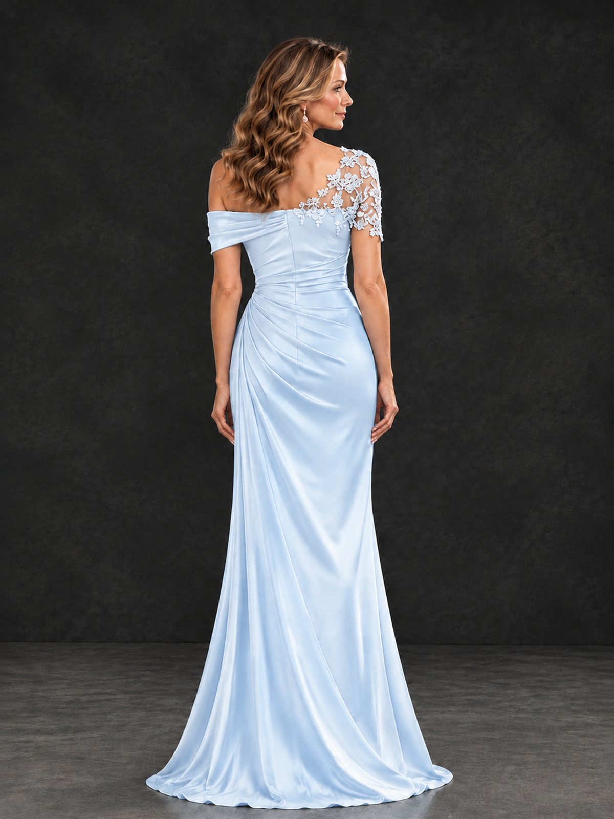 BOLODOO Light Blue Asymmetric Satin Mother of the Bride Dress with Lace Sleeve - Light Blue - Light Blue (2)