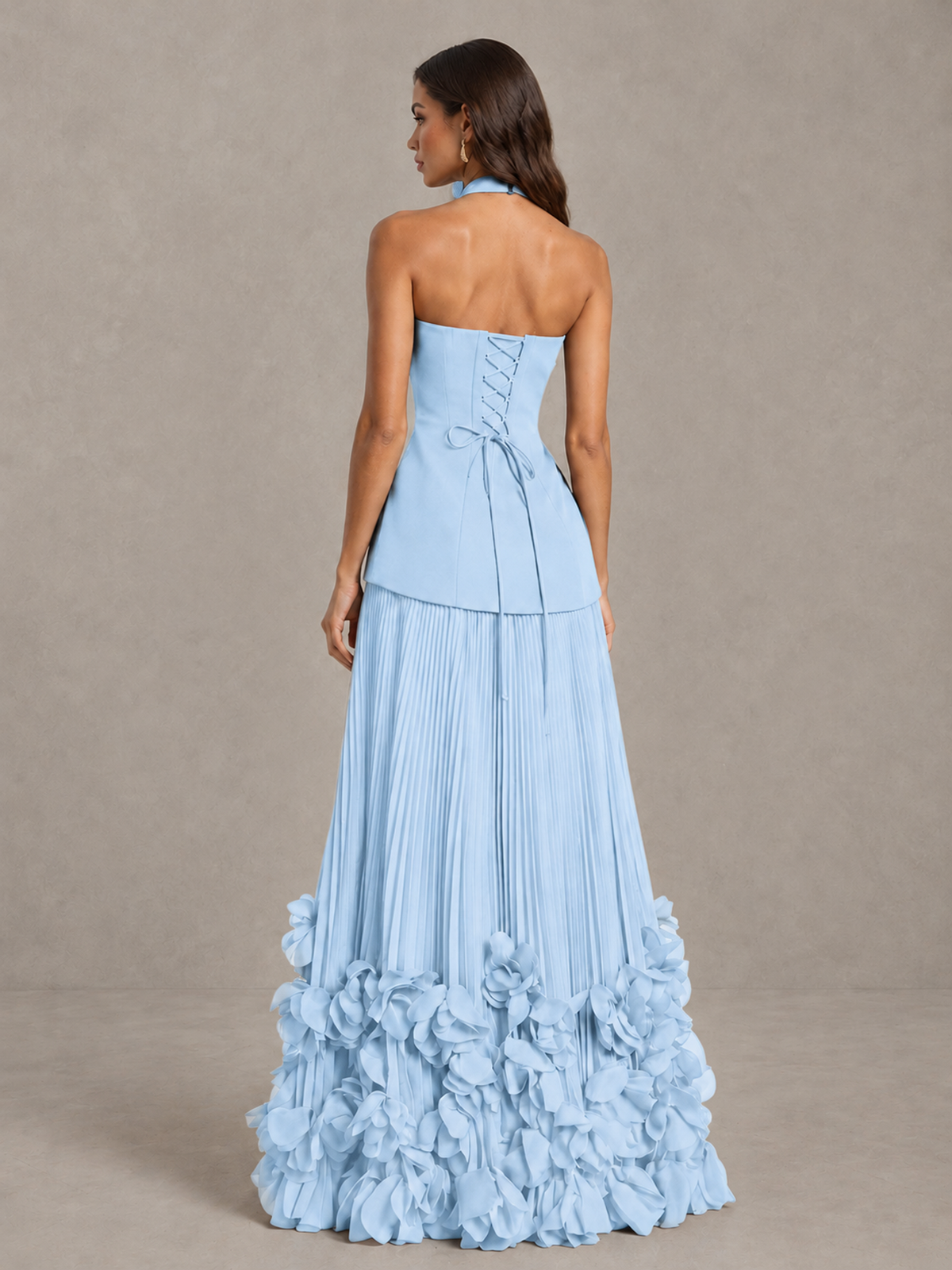 BOLODOO Light Blue Halter Neck Floor-Length Evening Gown with High Slit & 3D Floral Hem - Light Blue - Light Blue (2)