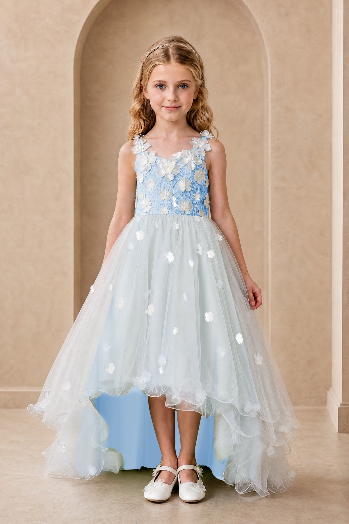 BOLODOO Light Blue Flower Girl Dress with Floral Appliqué and High-Low Tulle Skirt - Light Blue