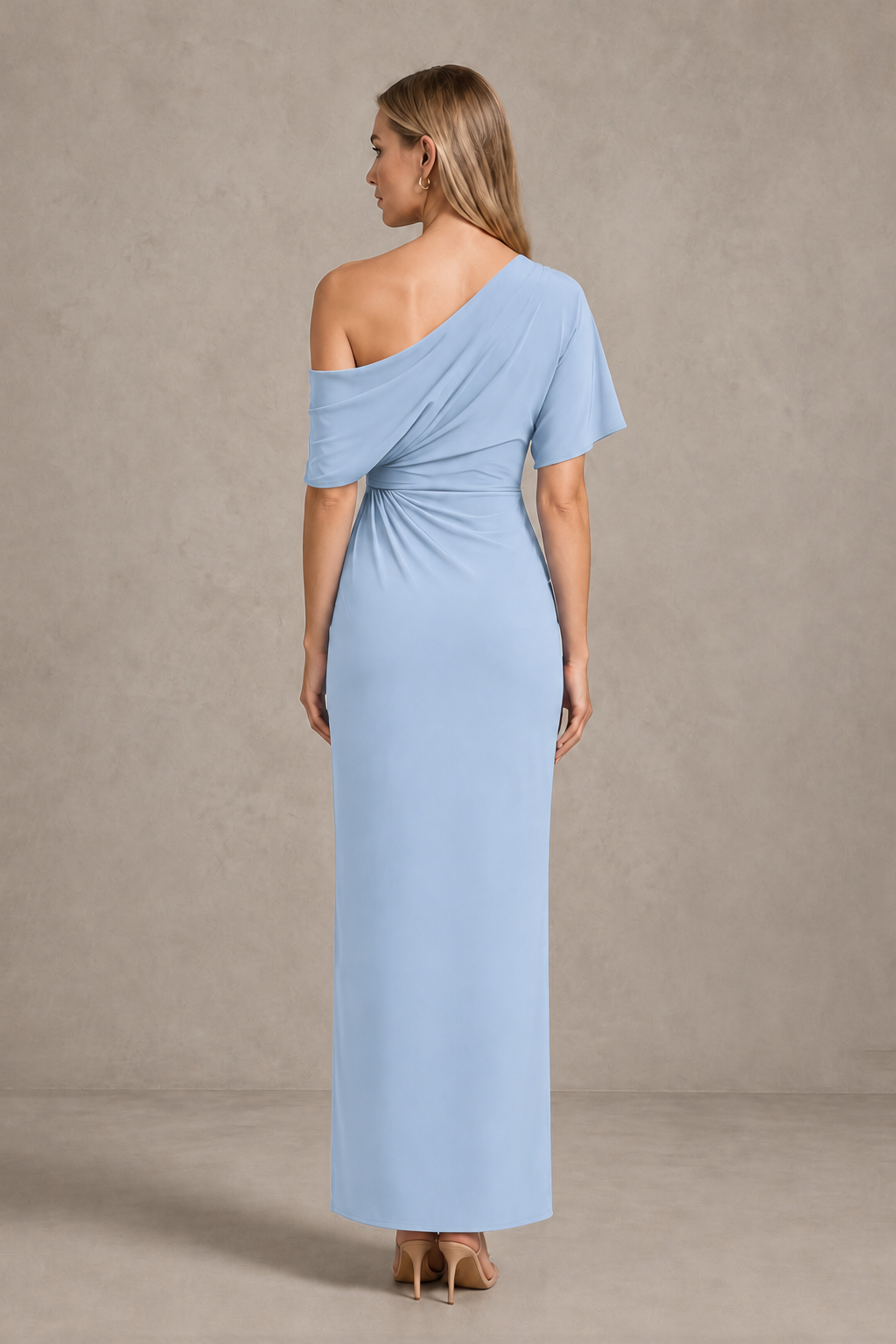 BOLODOO Light Blue One-Shoulder Draped Satin Maxi Dress with Front Slit - Light Blue